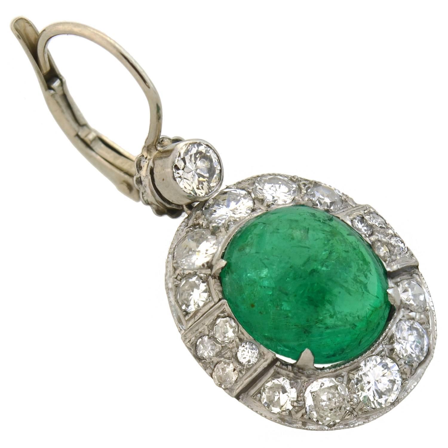 Old European Cut Late Art Deco Emerald Diamond Drop Earrings