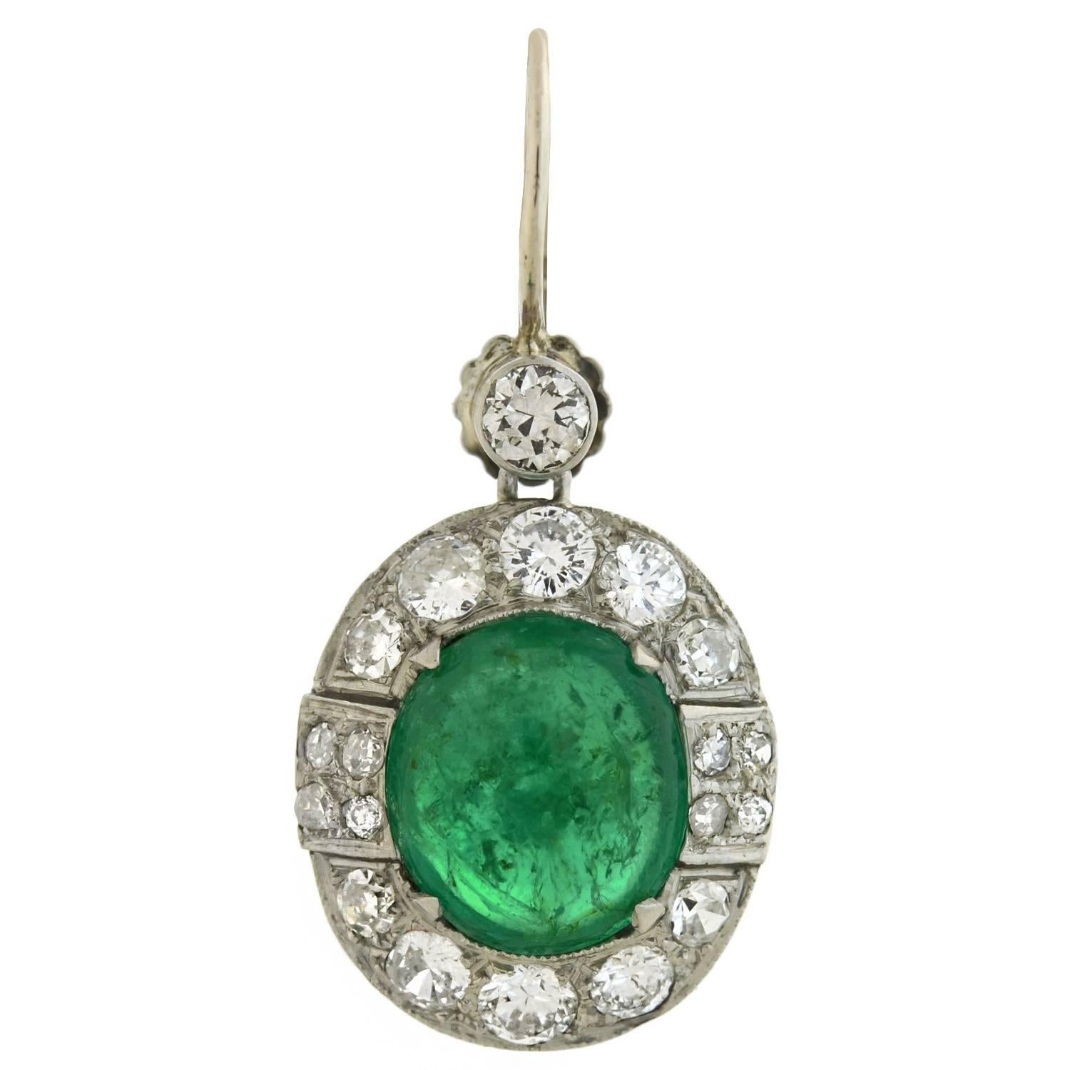 Late Art Deco Emerald Diamond Drop Earrings In Good Condition In Narberth, PA