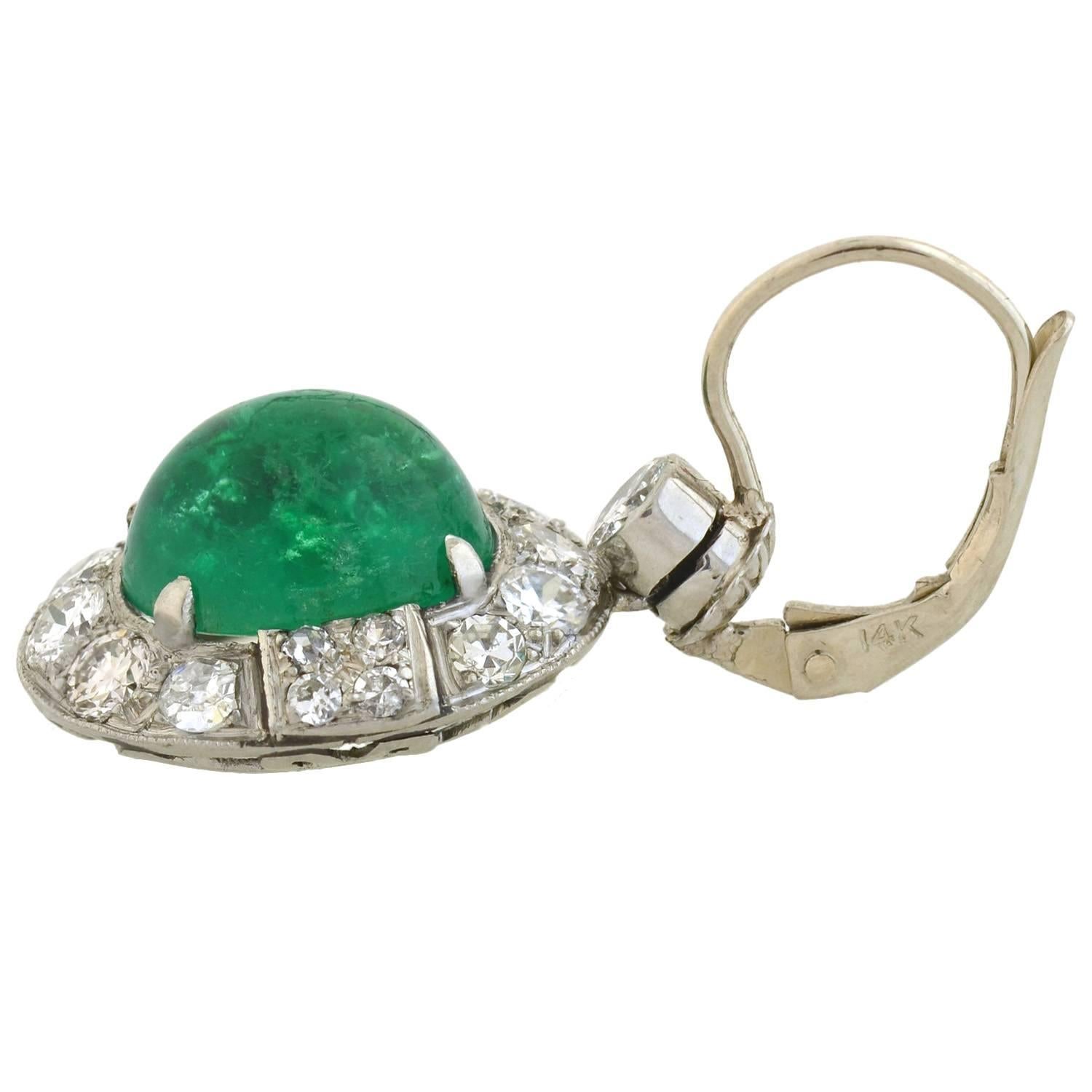 Women's Late Art Deco Emerald Diamond Drop Earrings