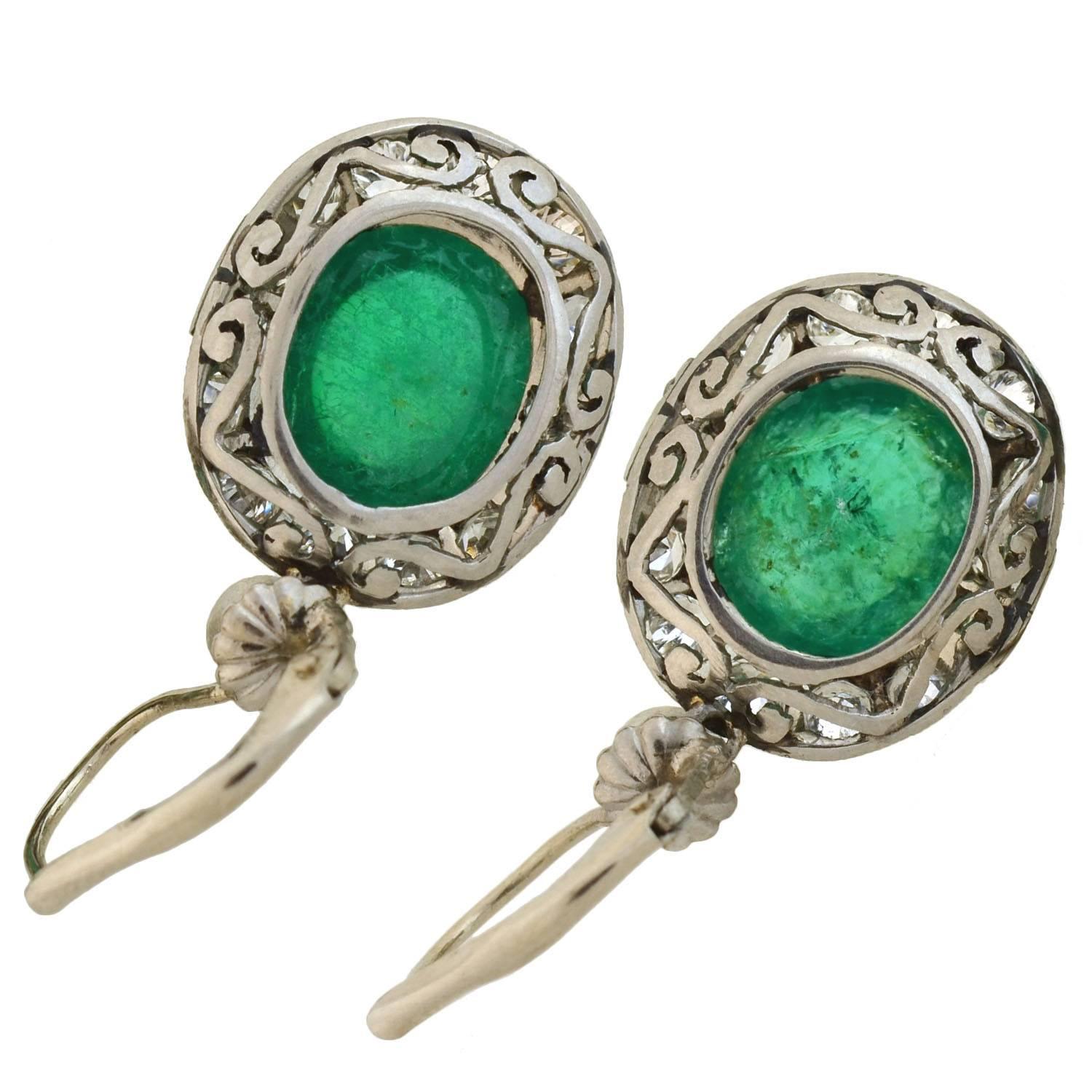 Late Art Deco Emerald Diamond Drop Earrings 1