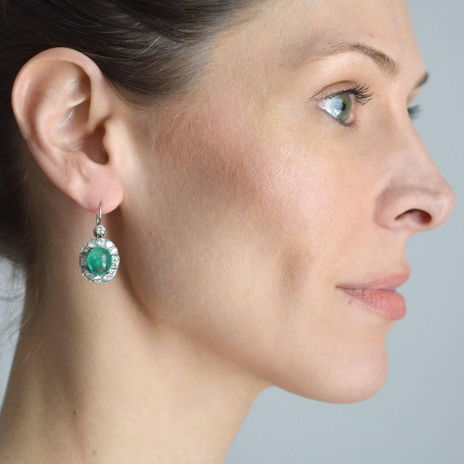 Late Art Deco Emerald Diamond Drop Earrings 3