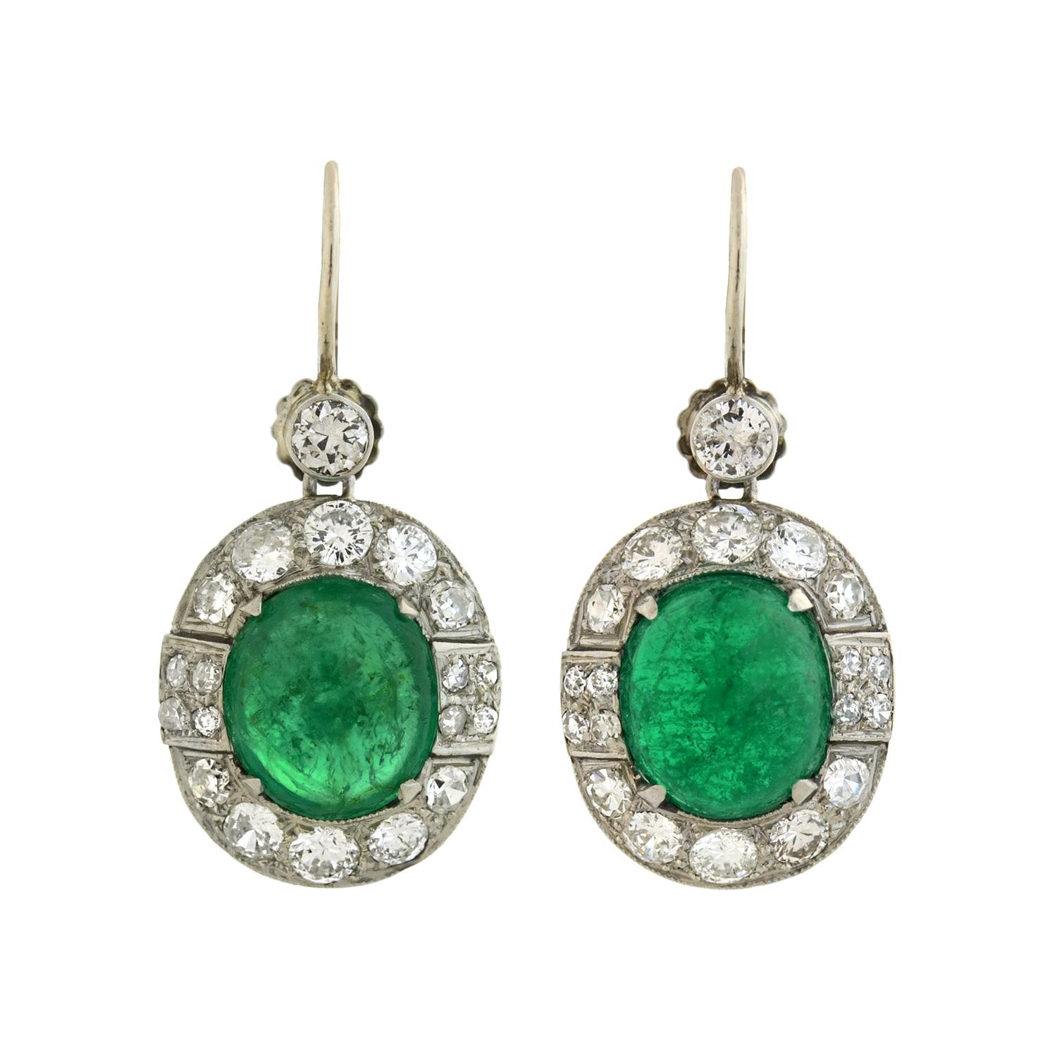 Late Art Deco Emerald Diamond Drop Earrings