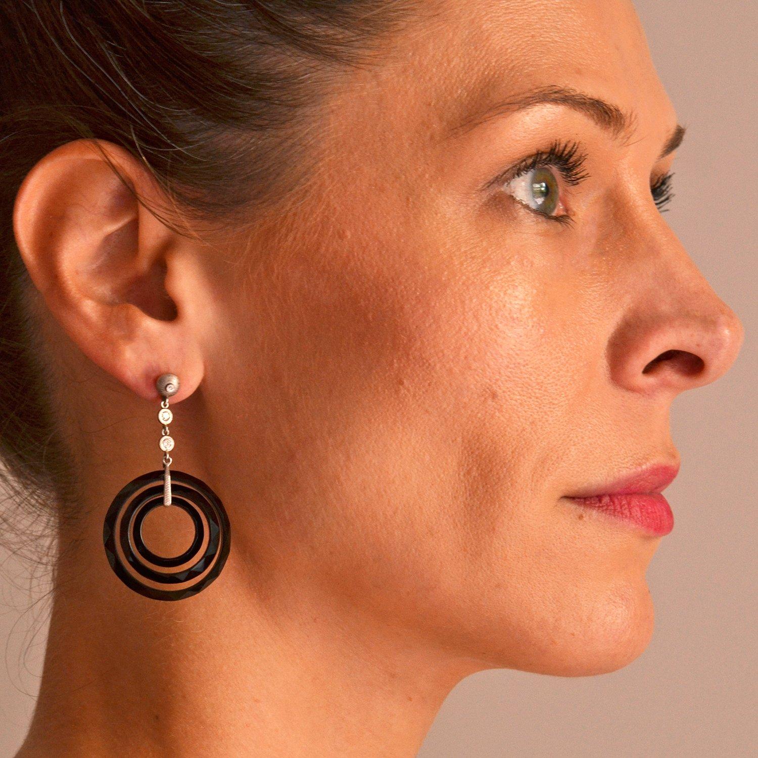 Women's Late Art Deco Faceted Onyx and Diamond 3-Hoop Earrings