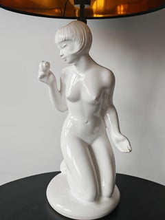 Late Art Deco Female Nude Ceramic Table Lamp, Poland 1950s