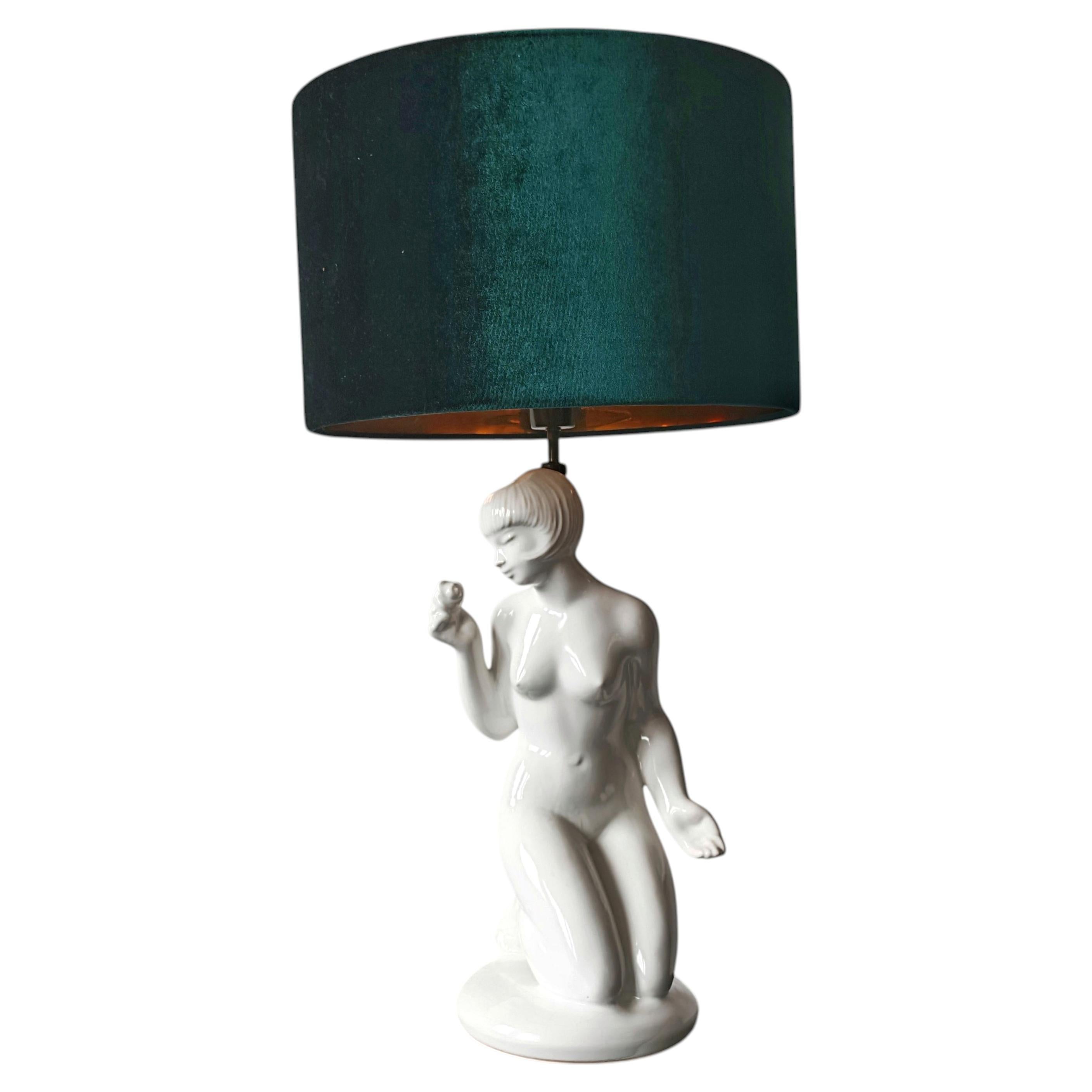 Late Art Deco Female Nude Ceramic Table Lamp, Poland 1950s