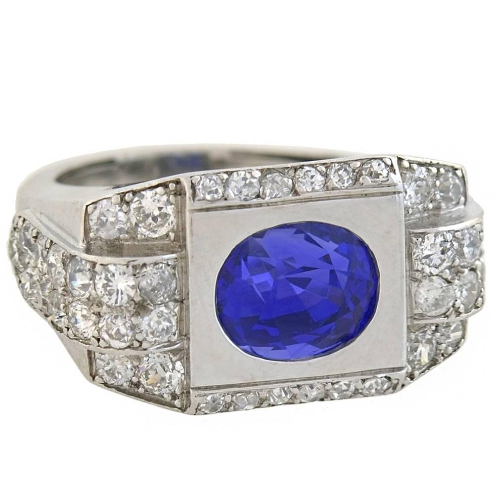 Late Art Deco French AGL Certified 4.30ct Natural Ceylon Sapphire Diamond Ring