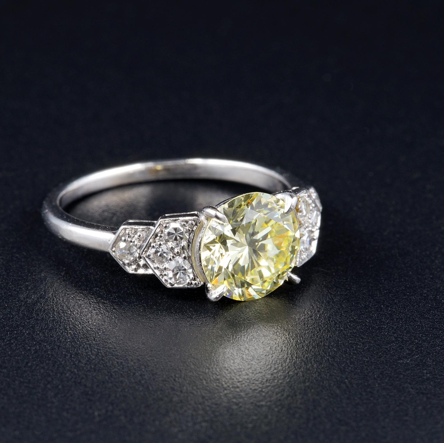 Brilliant Cut Late Art Deco French Certified 1.91 Ct Fancy Yellow Diamond Plus Platinum ring For Sale