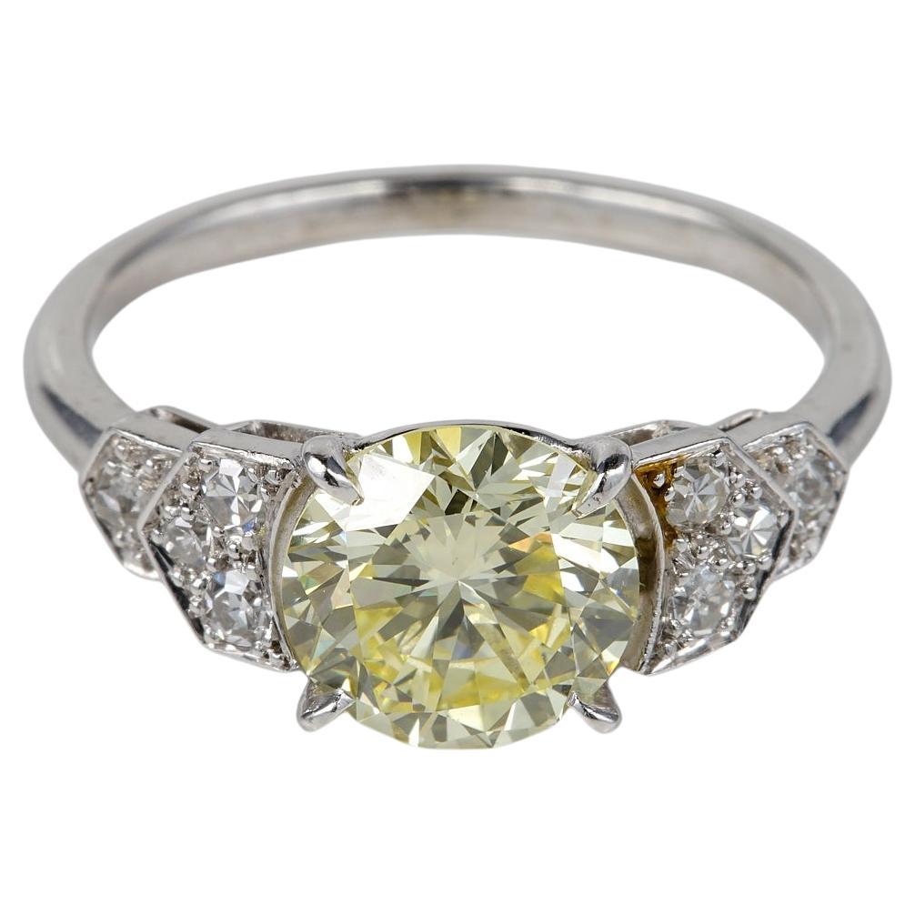 Late Art Deco French Certified 1.91 Ct Fancy Yellow Diamond Plus Platinum ring