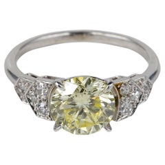 Vintage Late Art Deco French Certified 1.91 Ct Fancy Yellow Diamond Plus Platinum ring