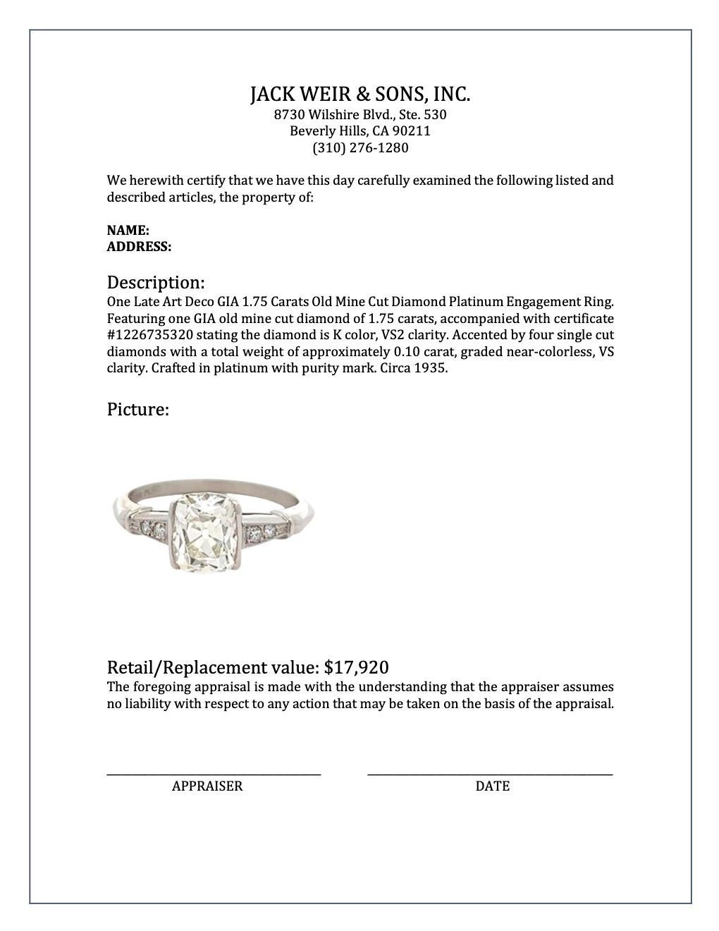 Late Art Deco GIA 1.75 Carats Old Mine Cut Diamond Platinum Engagement Ring 3