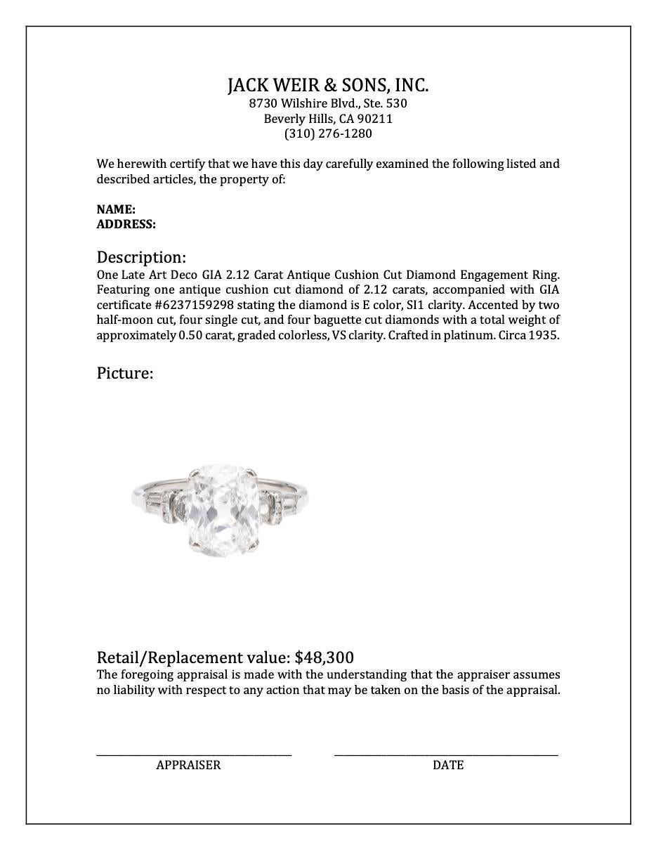 Late Art Deco GIA 2.12 Carat Antique Cushion Cut Diamond Engagement Ring 5
