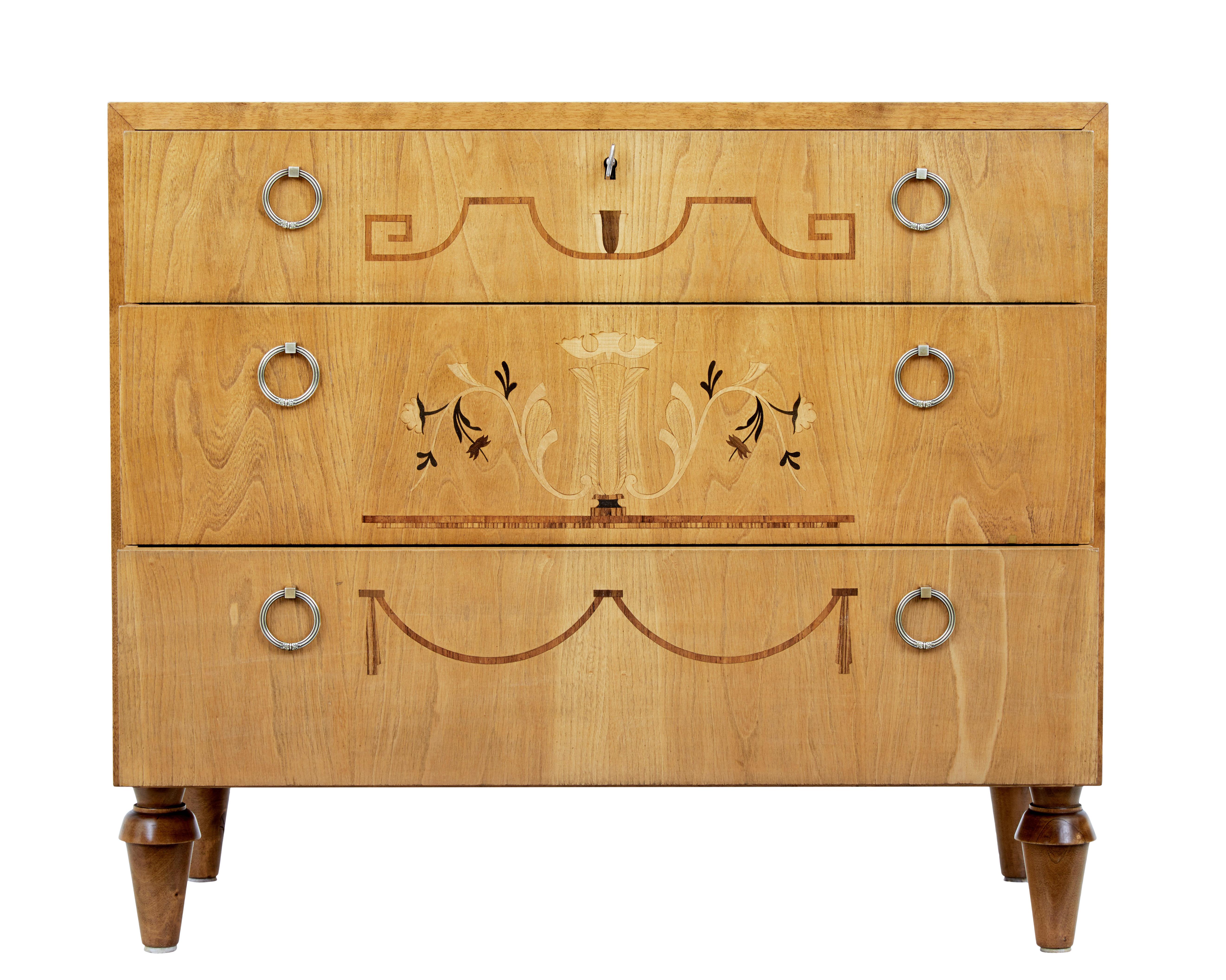 Swedish Late Art Deco Inlaid Elm and Birch Chest of Drawers