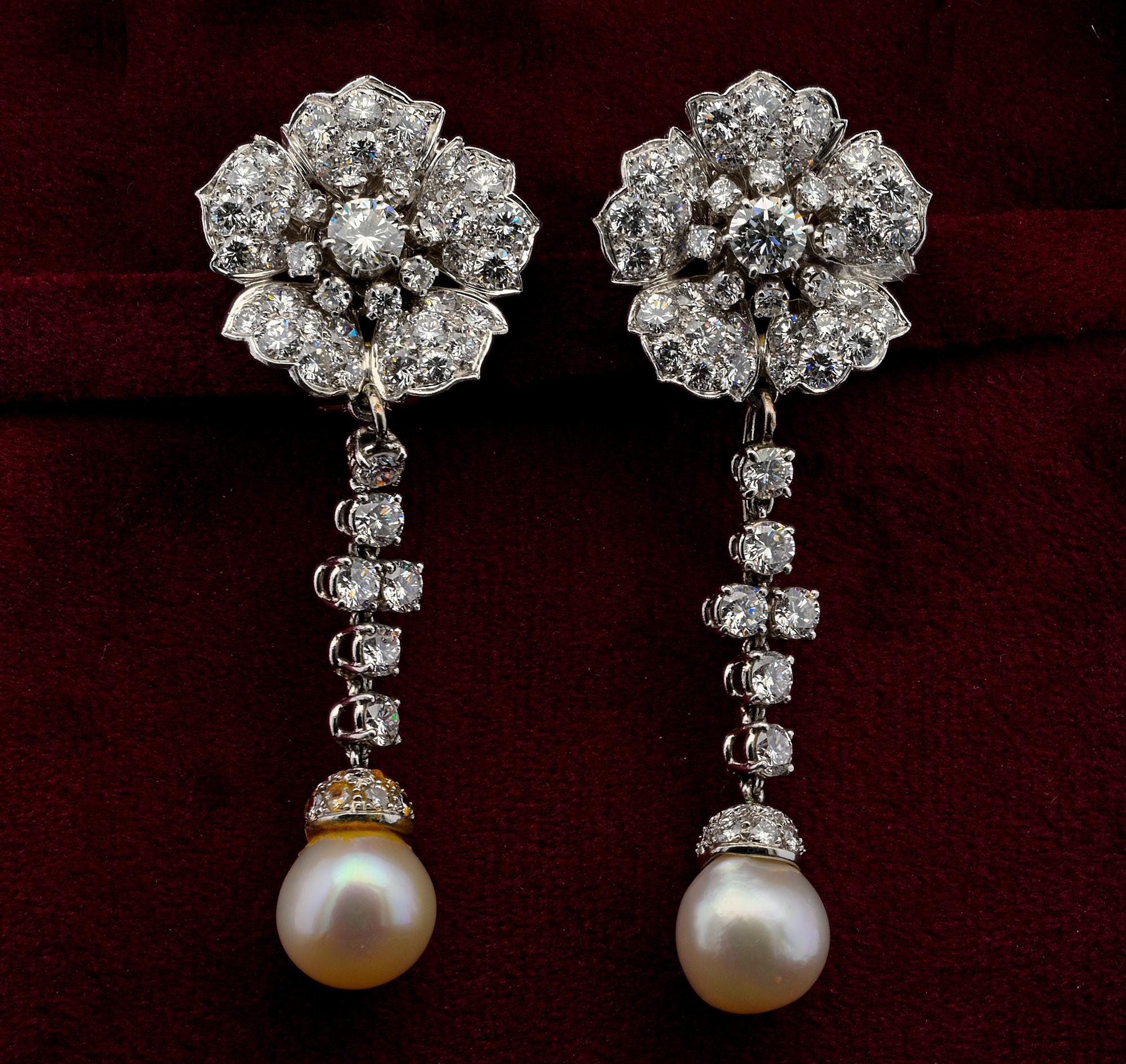 Exceptionnelles boucles d'oreilles perles diamantées art déco 1935 circa - design très élégant en version jour et nuit mais en fait c'est comme si vous aviez 3 paires de boucles d'oreilles en une, toutes importantes et distinctives que vous les