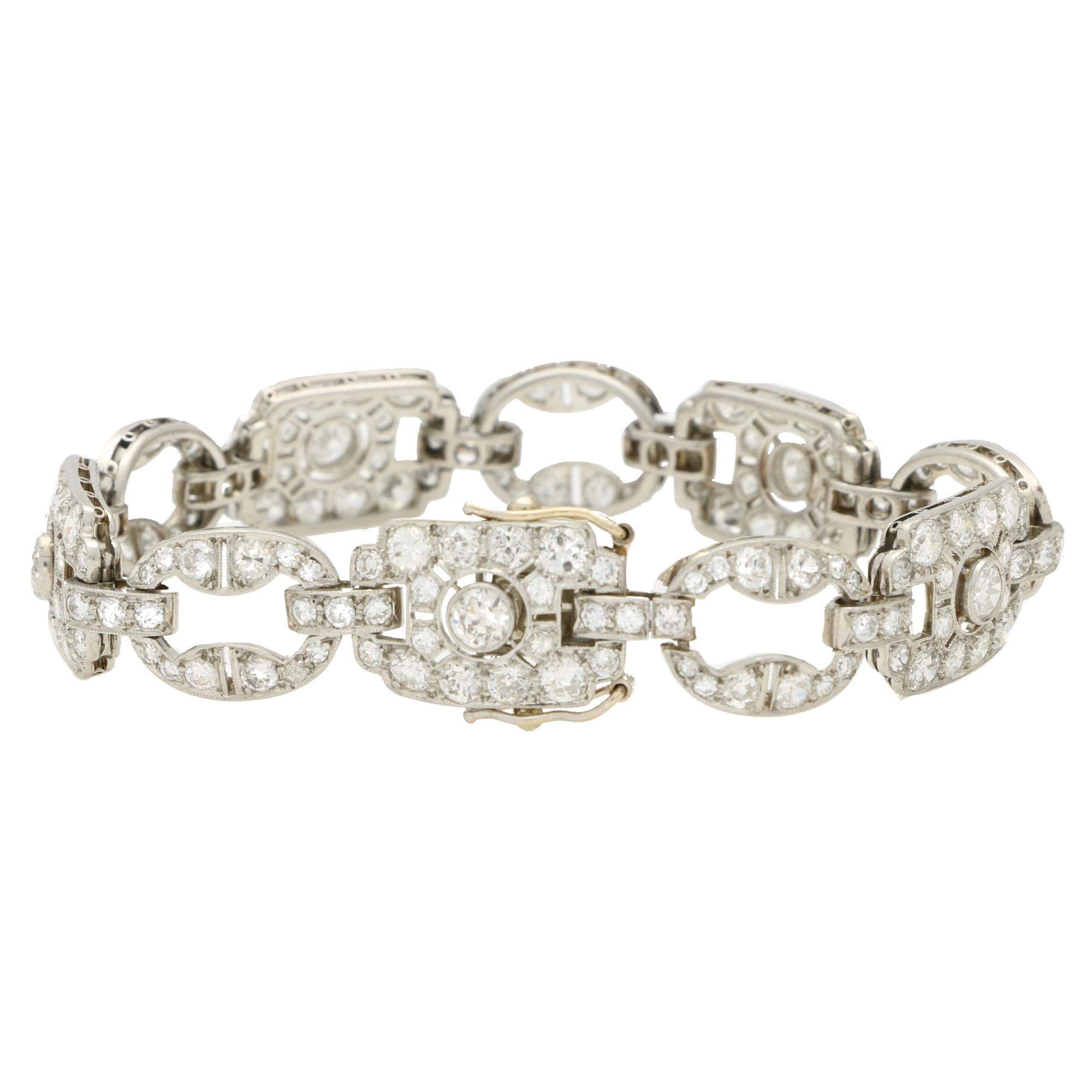 Old Mine Cut Late Art Deco Old Cut Diamond Panel Bracelet in Platinum For Sale