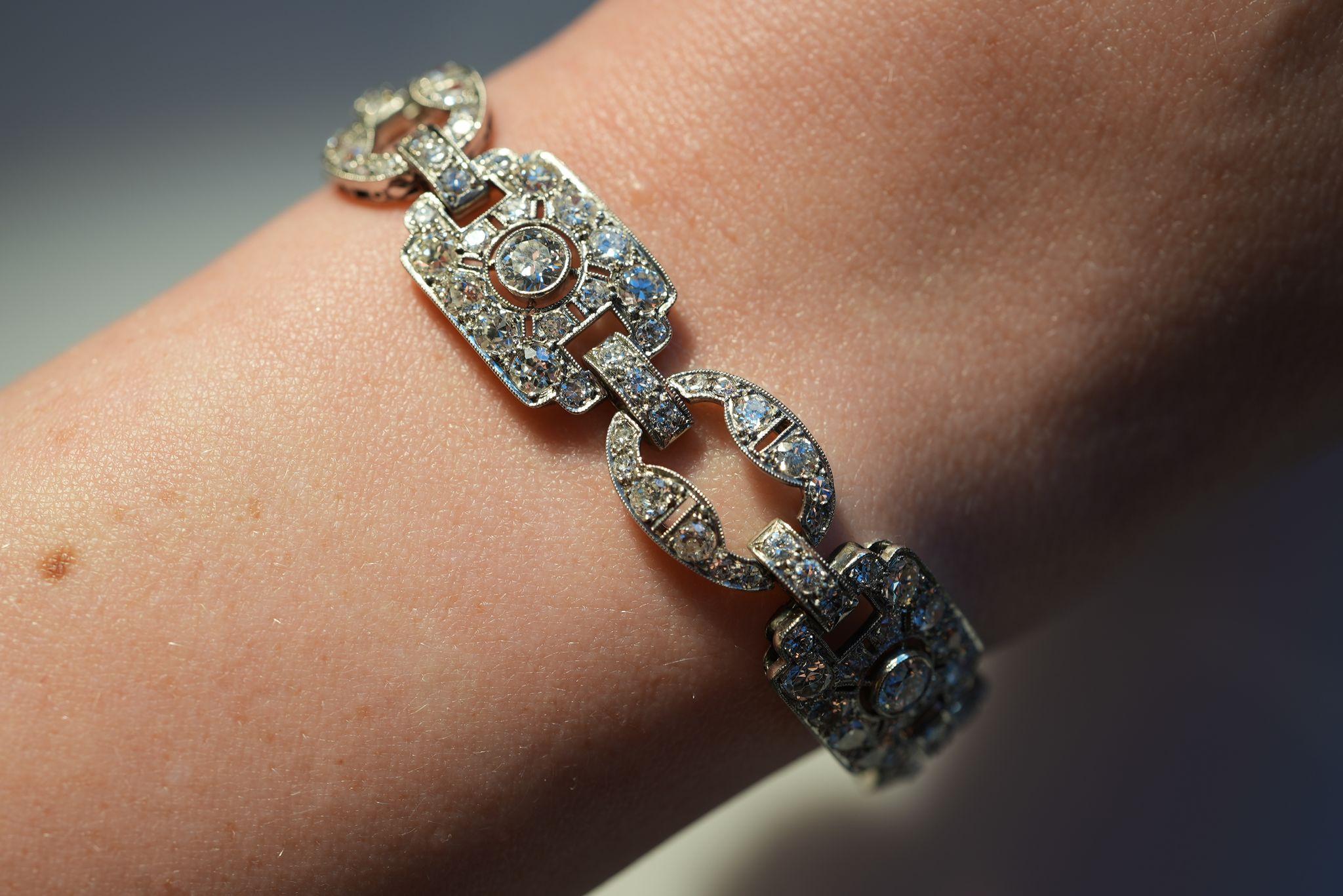 Women's or Men's Late Art Deco Old Cut Diamond Panel Bracelet in Platinum For Sale