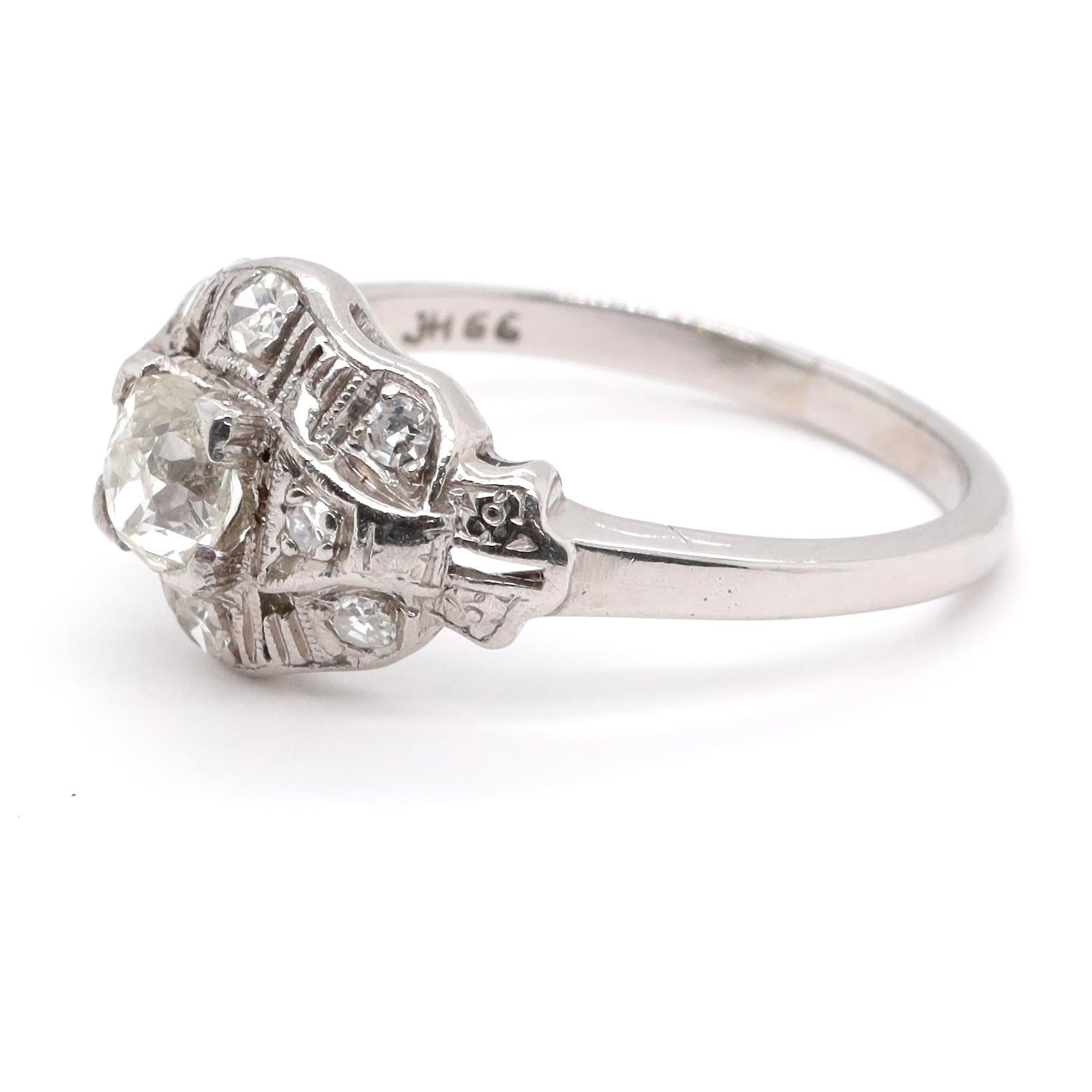 Art Deco Old Mine Cut Diamond Palladium Ring In Excellent Condition In Beverly Hills, CA