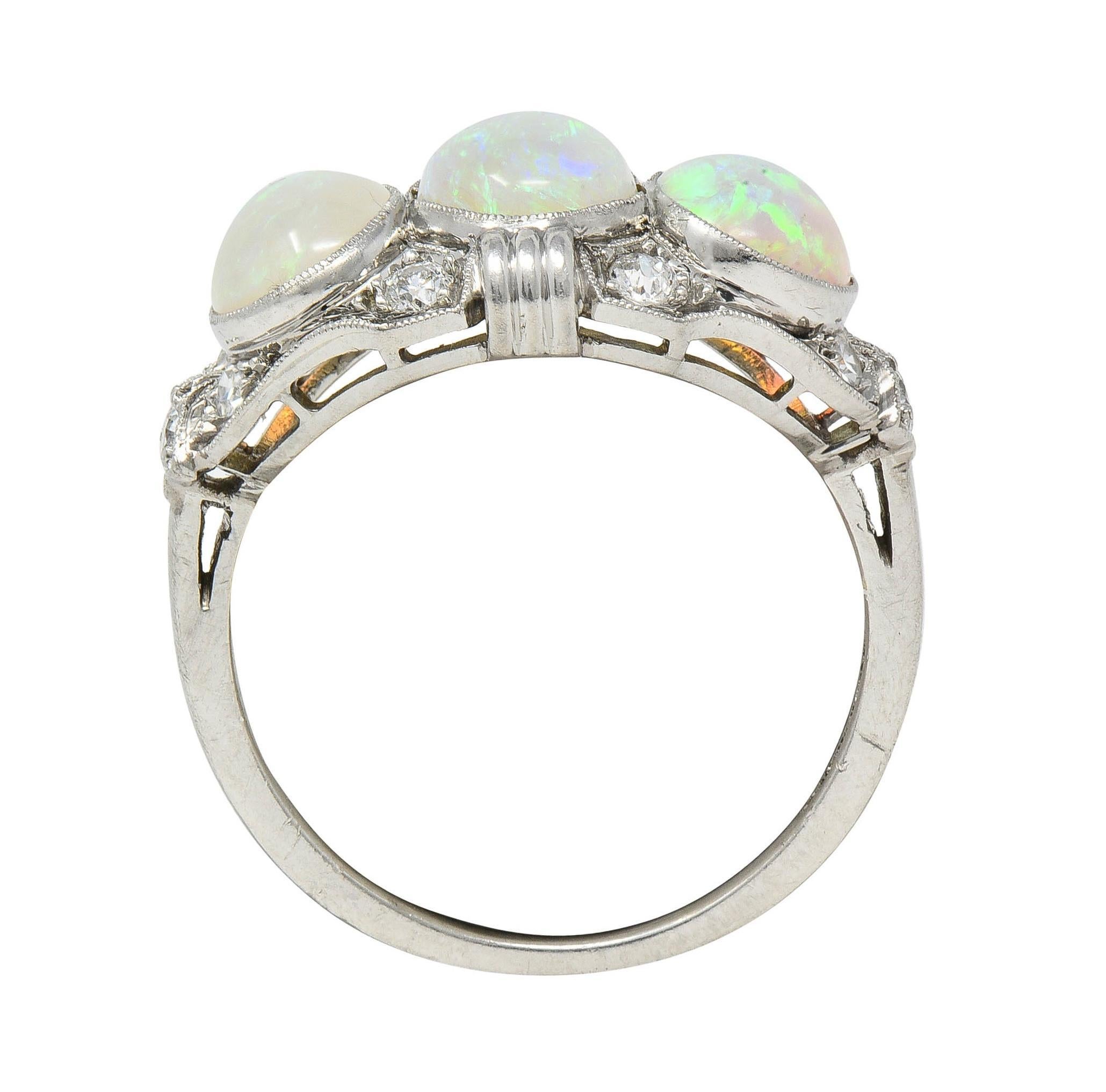 Late Art Deco Opal Cabochon Diamond Platinum Vintage Dinner Band Ring For Sale 6