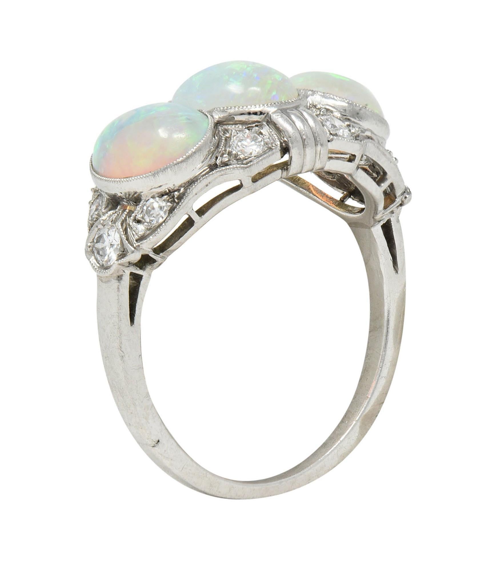 Late Art Deco Opal Cabochon Diamond Platinum Vintage Dinner Band Ring For Sale 7