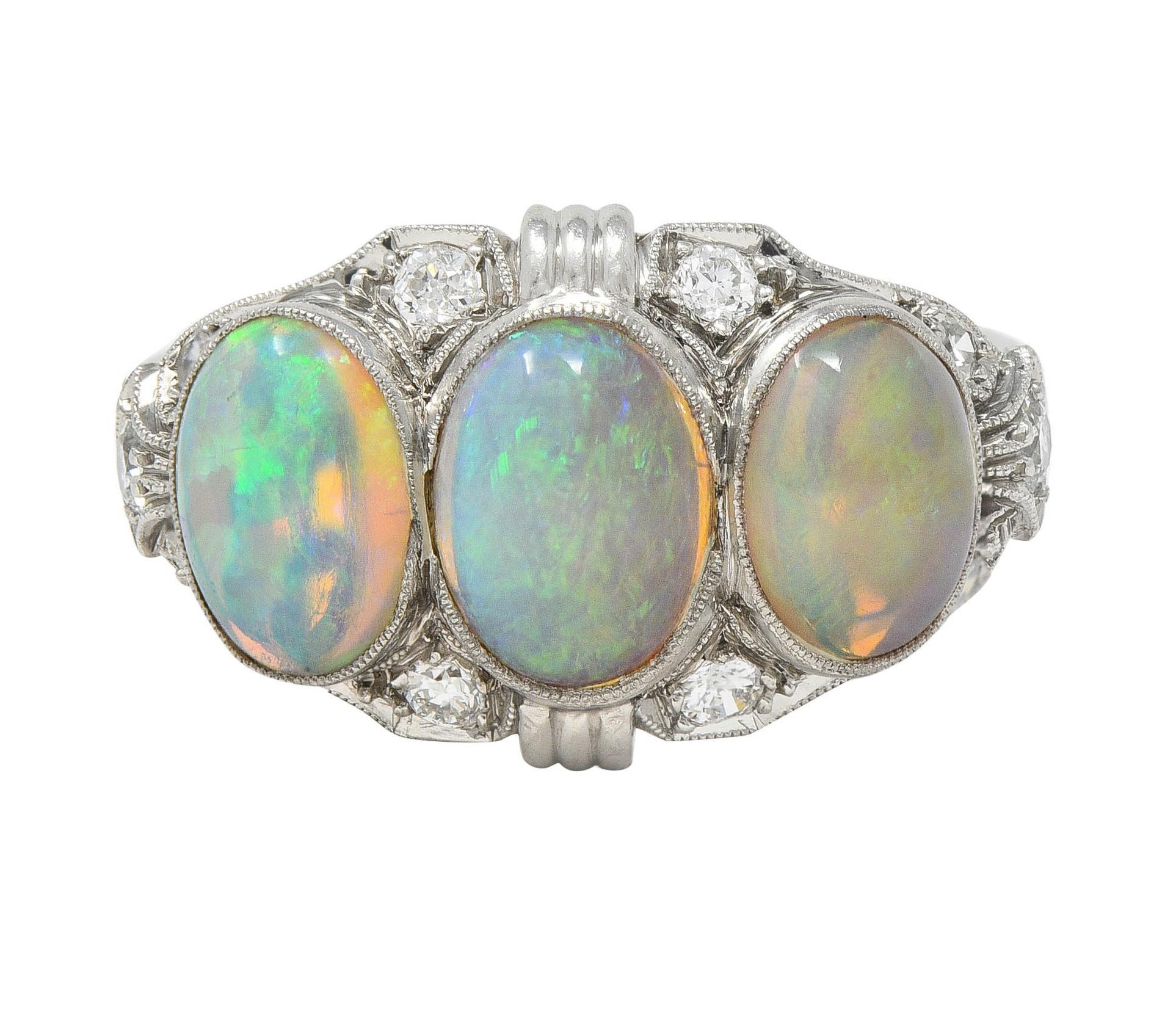 Late Art Deco Opal Cabochon Diamond Platinum Vintage Dinner Band Ring For Sale 8
