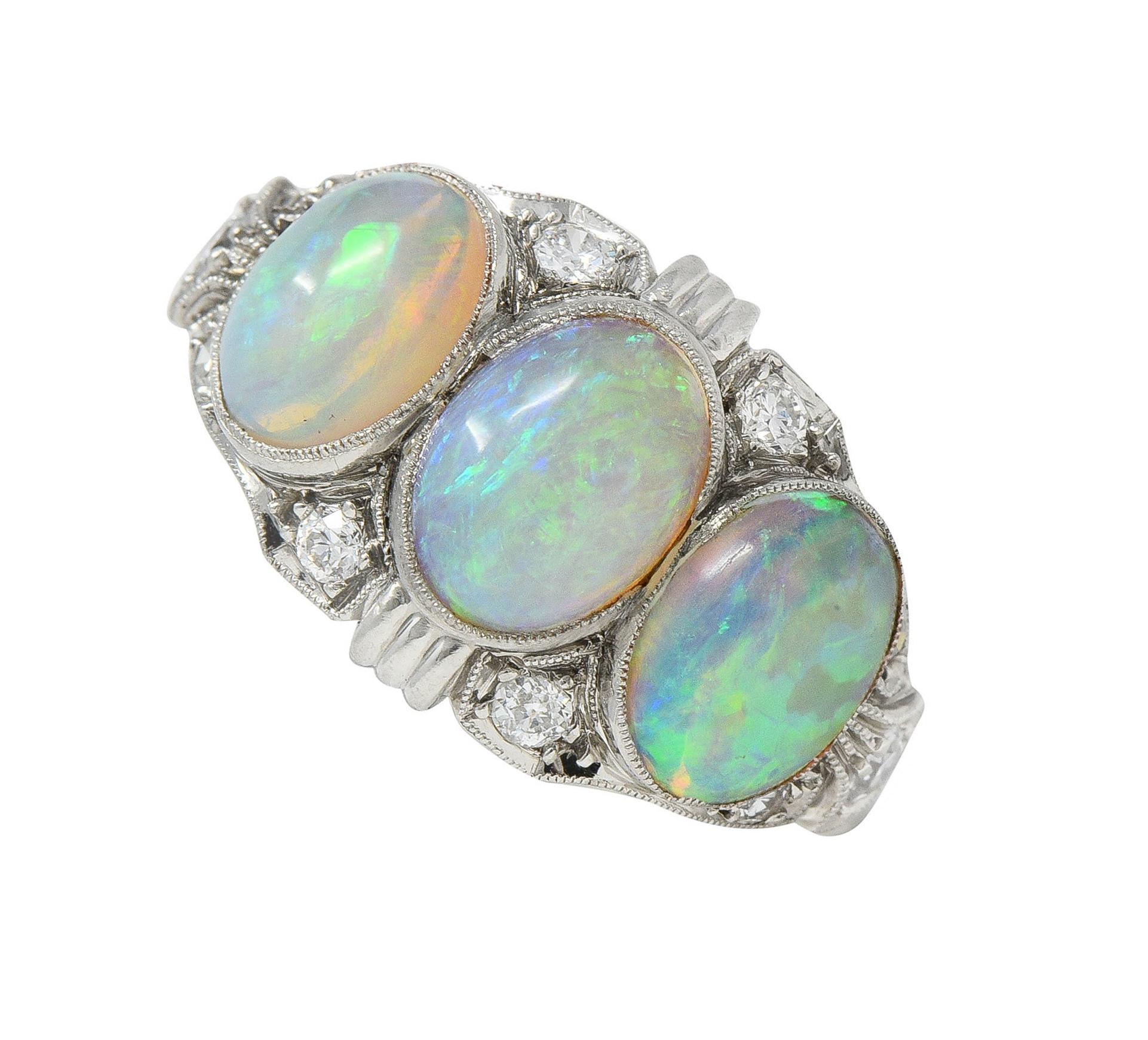 Late Art Deco Opal Cabochon Diamond Platinum Vintage Dinner Band Ring For Sale 9