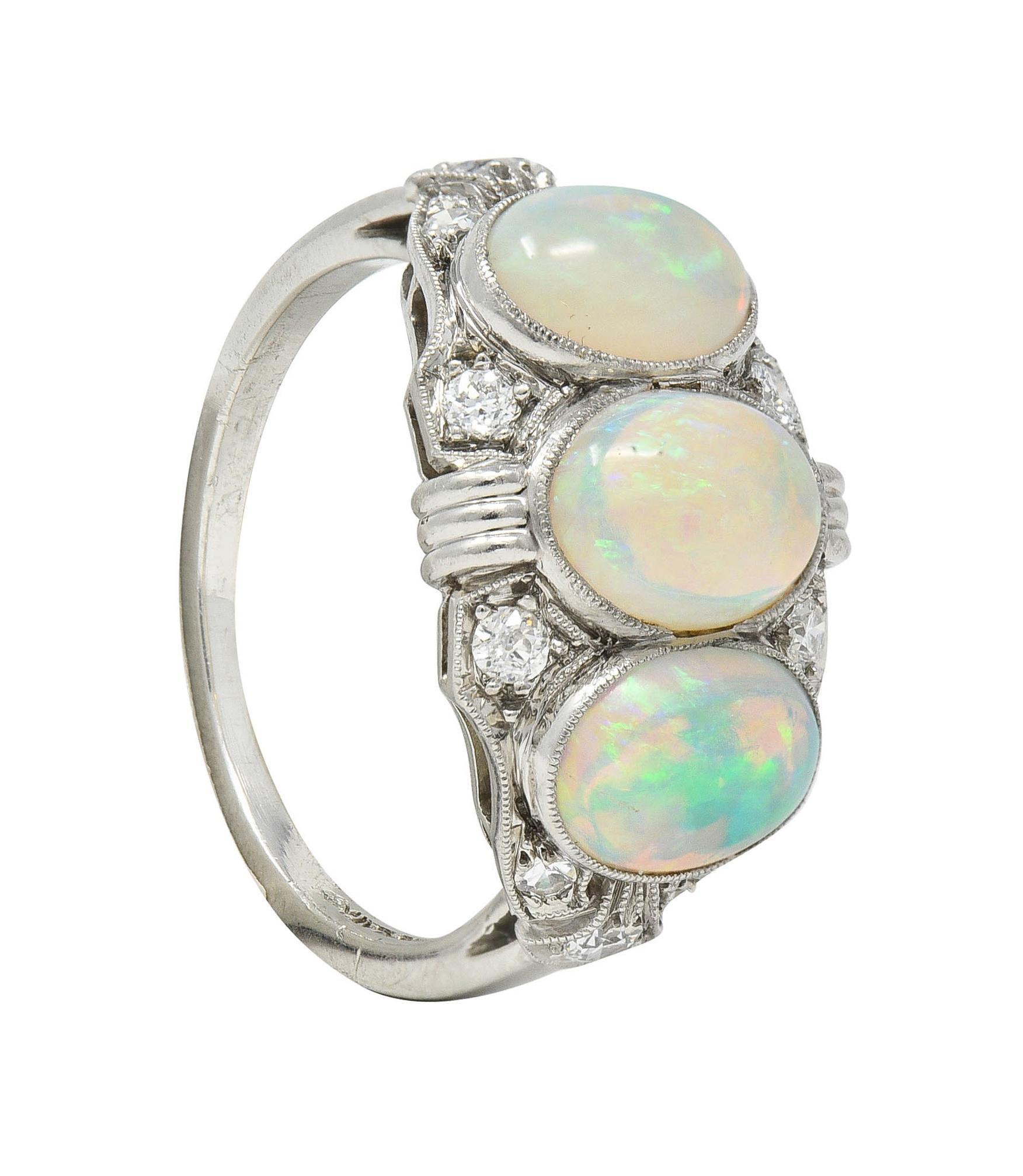 Late Art Deco Opal Cabochon Diamond Platinum Vintage Dinner Band Ring For Sale 10