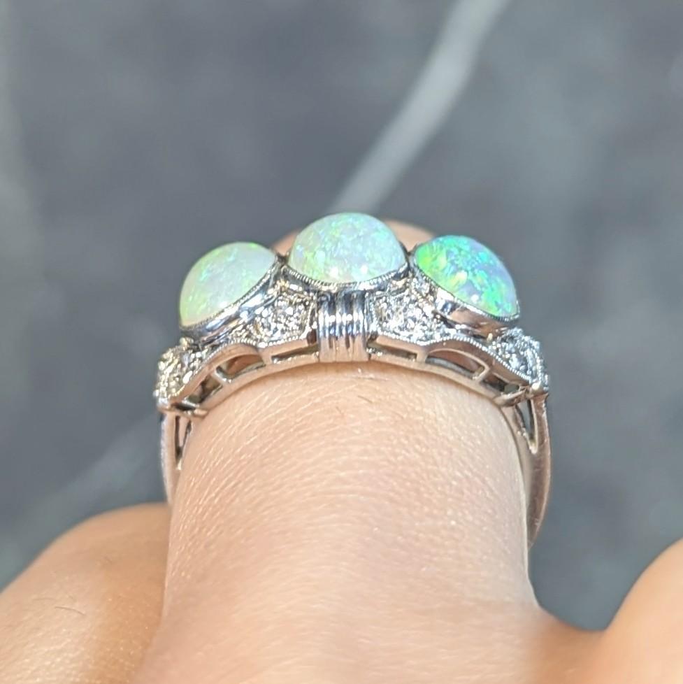 Late Art Deco Opal Cabochon Diamond Platinum Vintage Dinner Band Ring For Sale 12