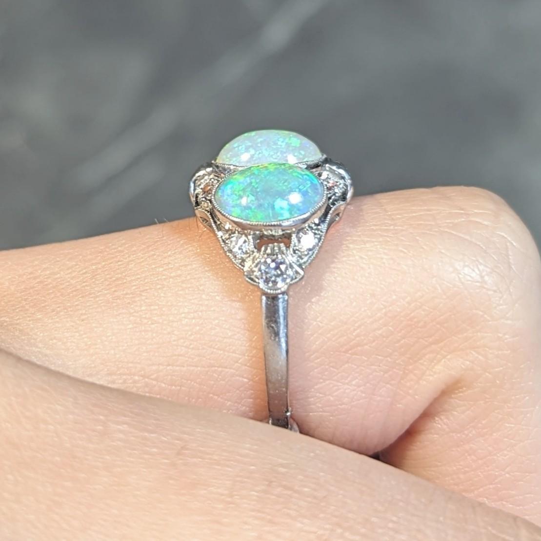 Late Art Deco Opal Cabochon Diamond Platinum Vintage Dinner Band Ring For Sale 13