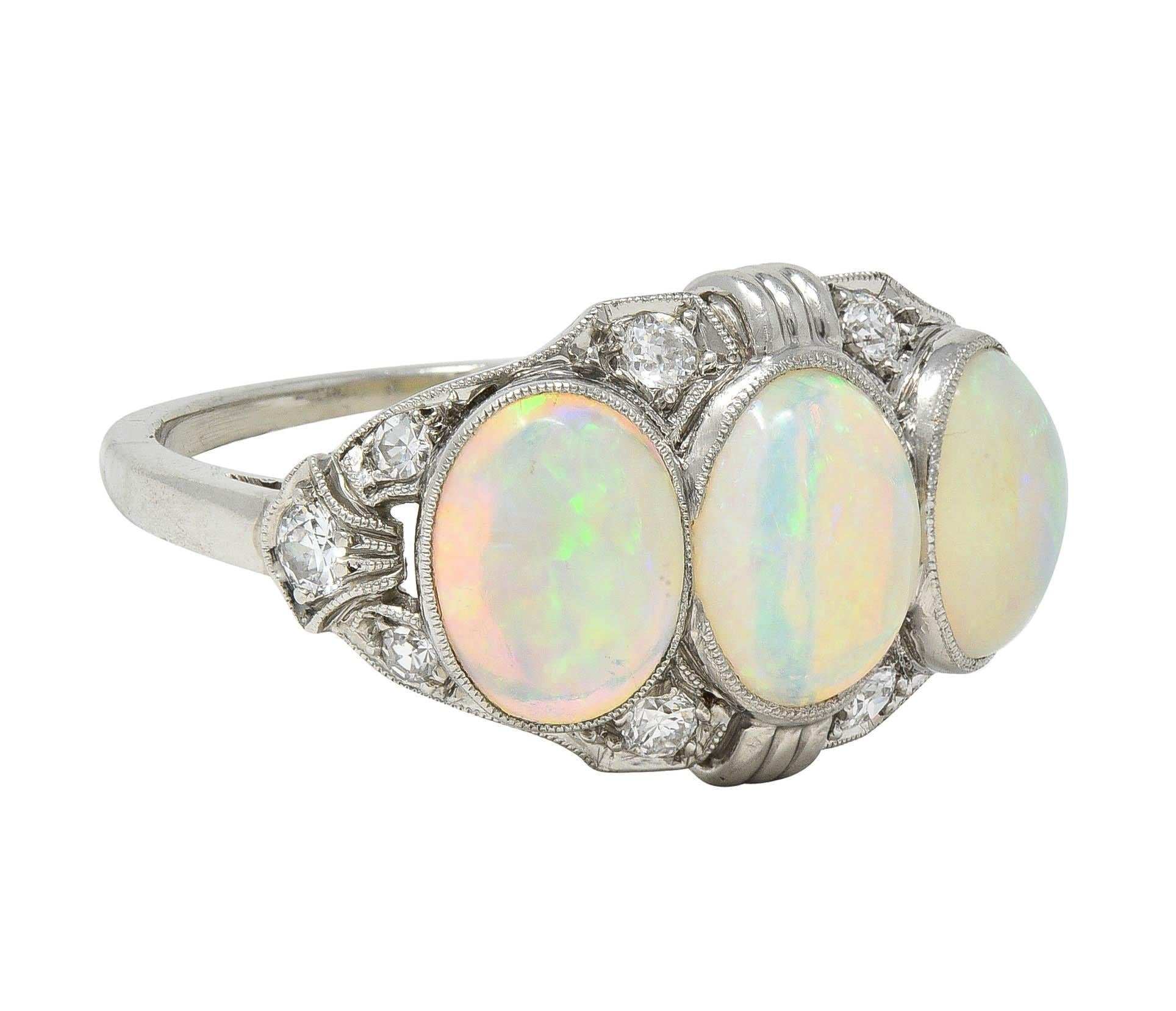 Late Art Deco Opal Cabochon Diamond Platinum Vintage Dinner Band Ring In Excellent Condition For Sale In Philadelphia, PA