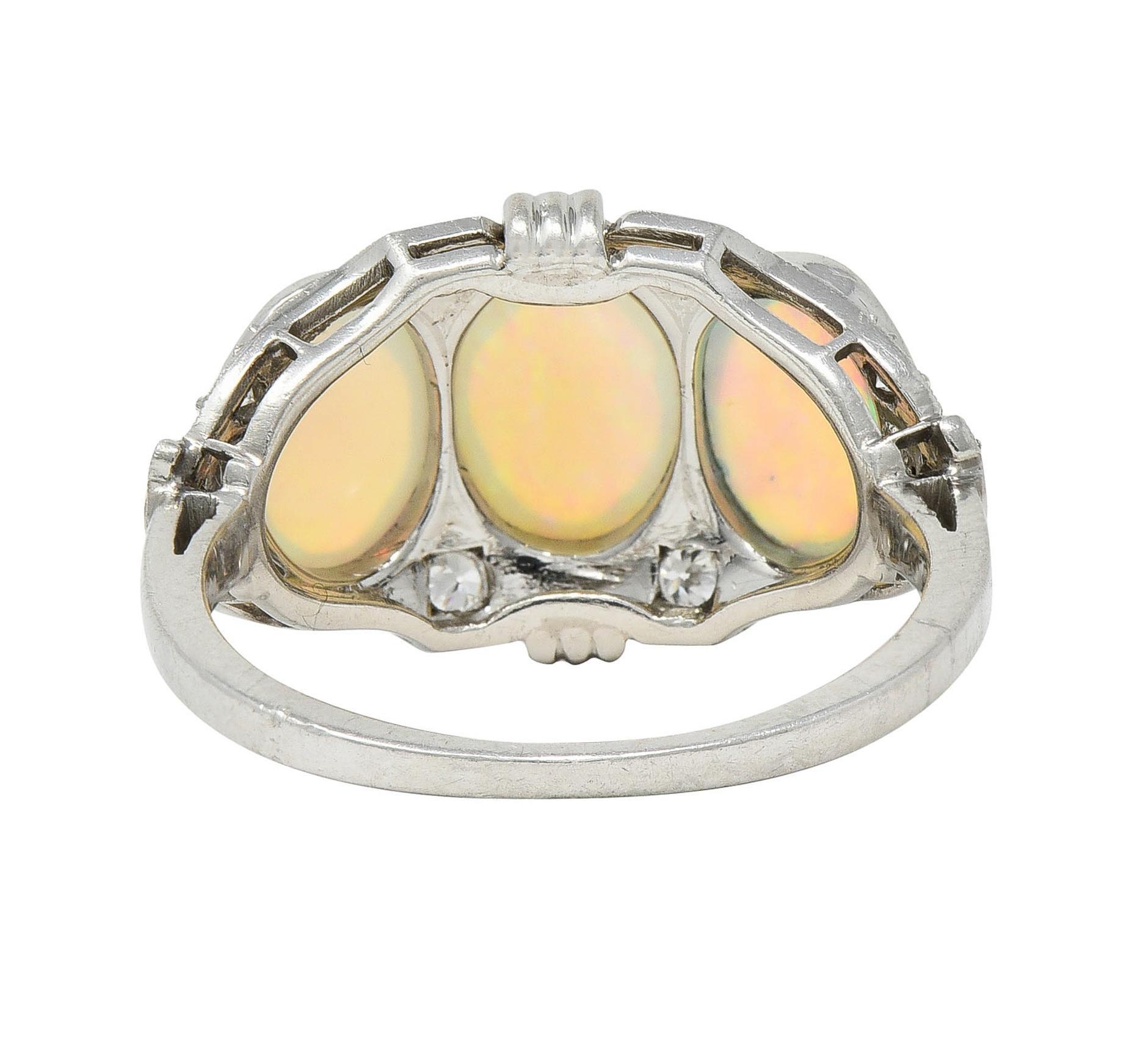 Women's or Men's Late Art Deco Opal Cabochon Diamond Platinum Vintage Dinner Band Ring For Sale