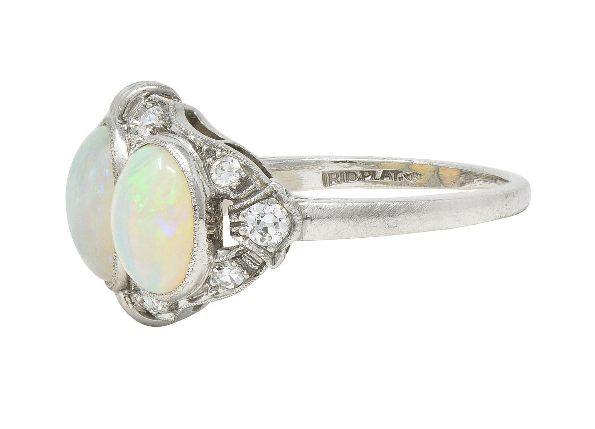 Late Art Deco Opal Cabochon Diamond Platinum Vintage Dinner Band Ring For Sale 1