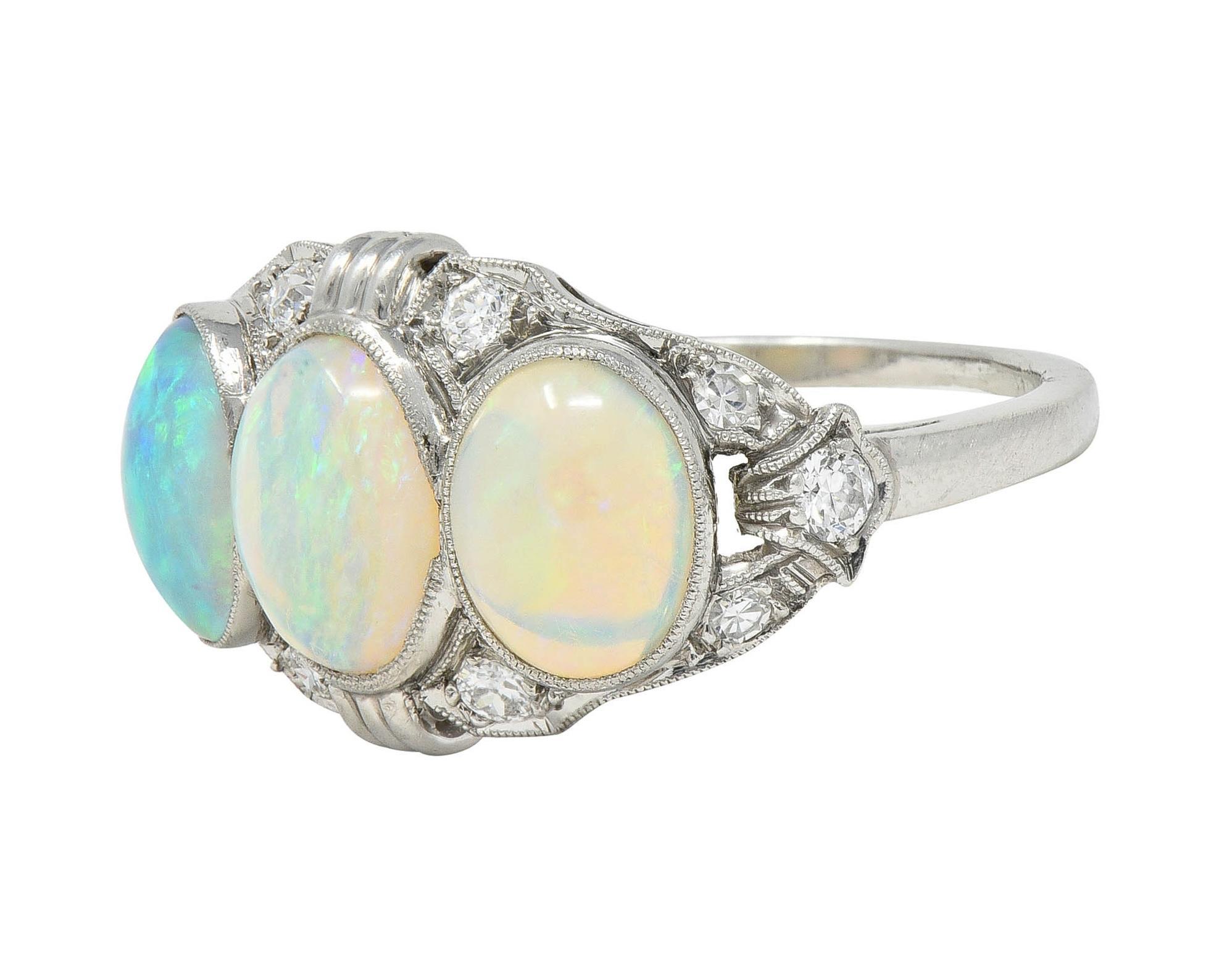 Late Art Deco Opal Cabochon Diamond Platinum Vintage Dinner Band Ring For Sale 2