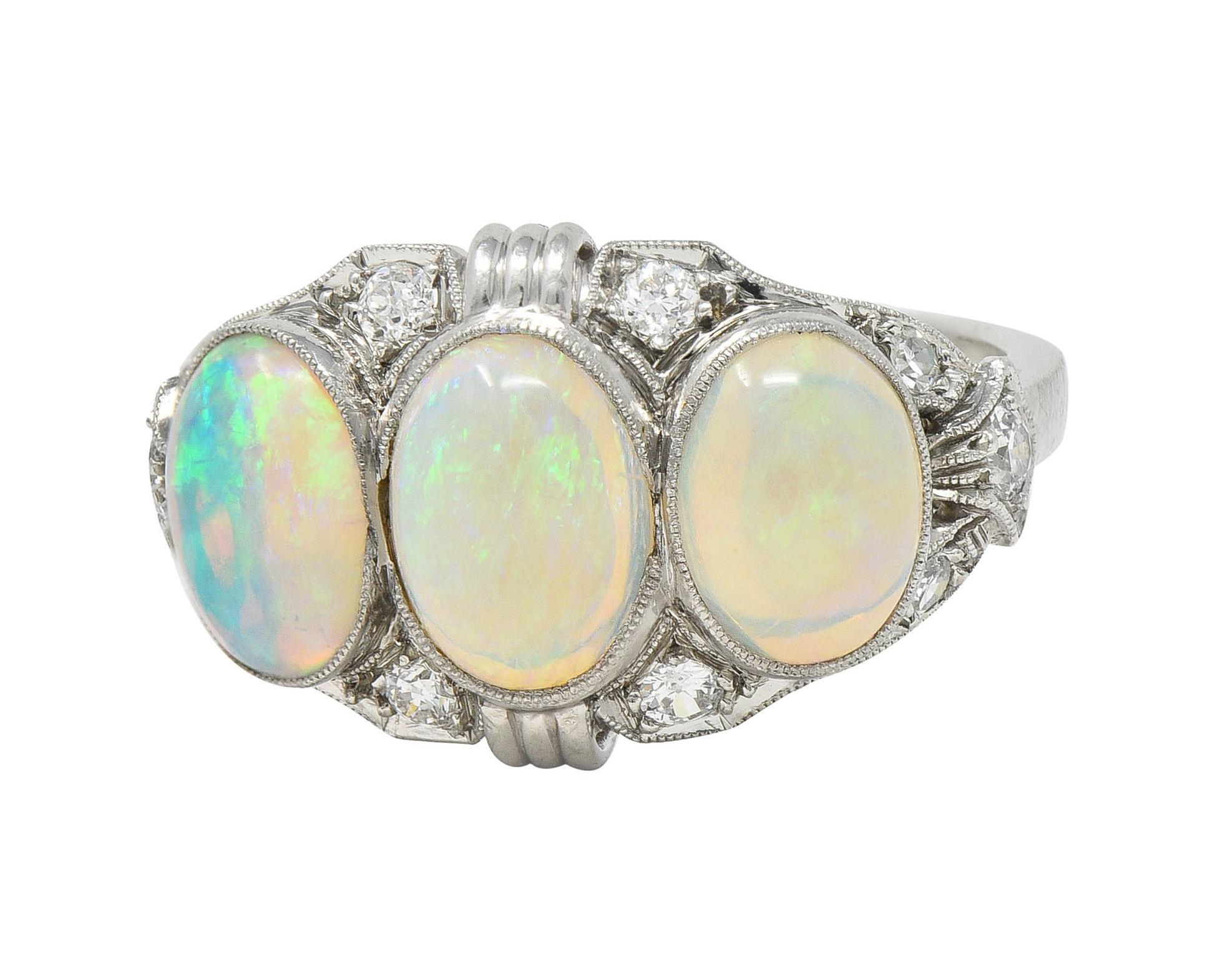 Late Art Deco Opal Cabochon Diamond Platinum Vintage Dinner Band Ring For Sale 3