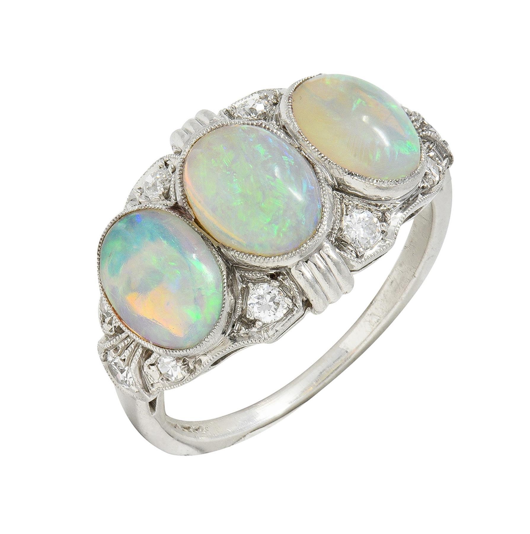 Late Art Deco Opal Cabochon Diamond Platinum Vintage Dinner Band Ring For Sale 5
