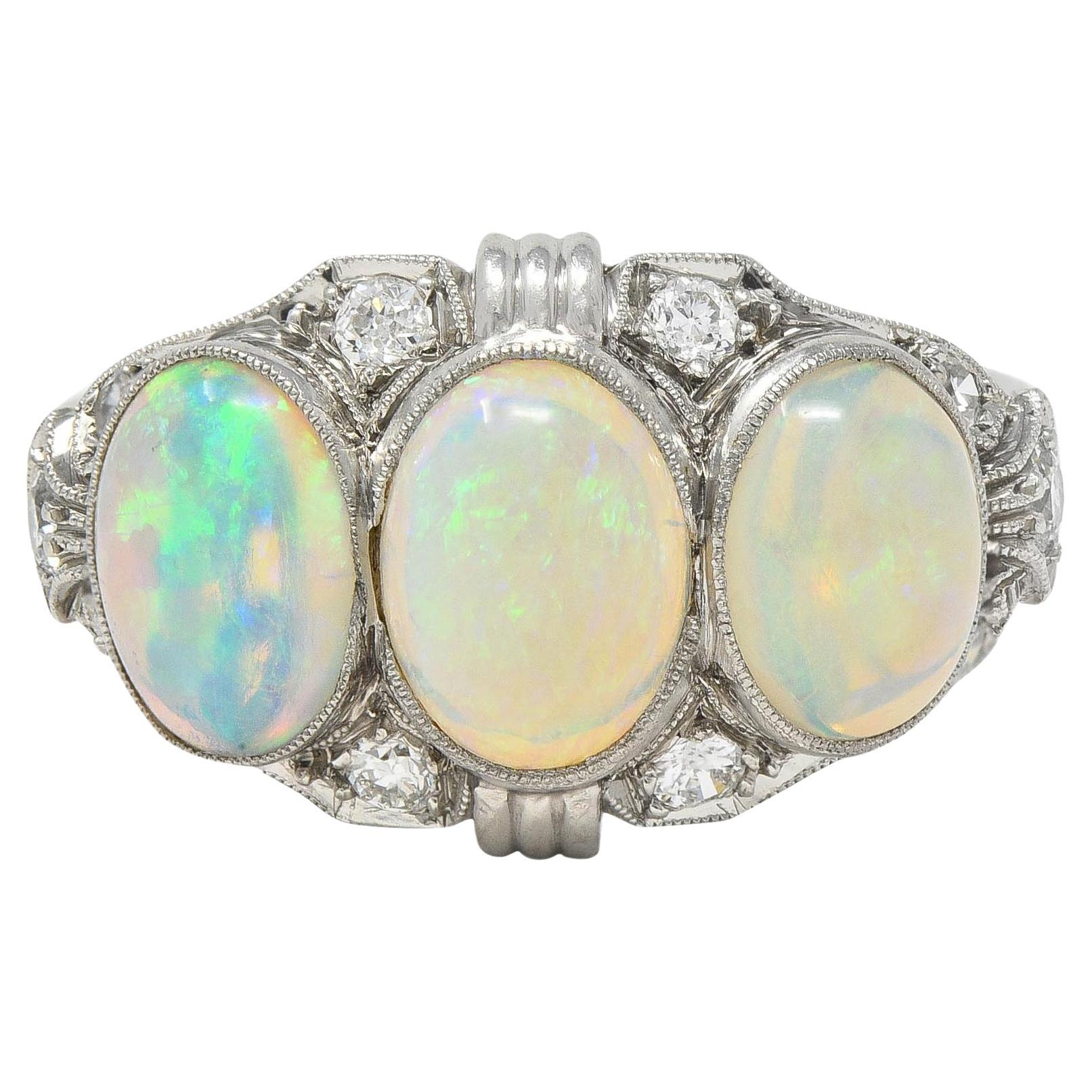 Late Art Deco Opal Cabochon Diamond Platinum Vintage Dinner Band Ring For Sale