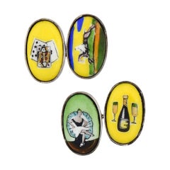 Late Art Deco Painted Porcelain "Four Vices" Cufflinks