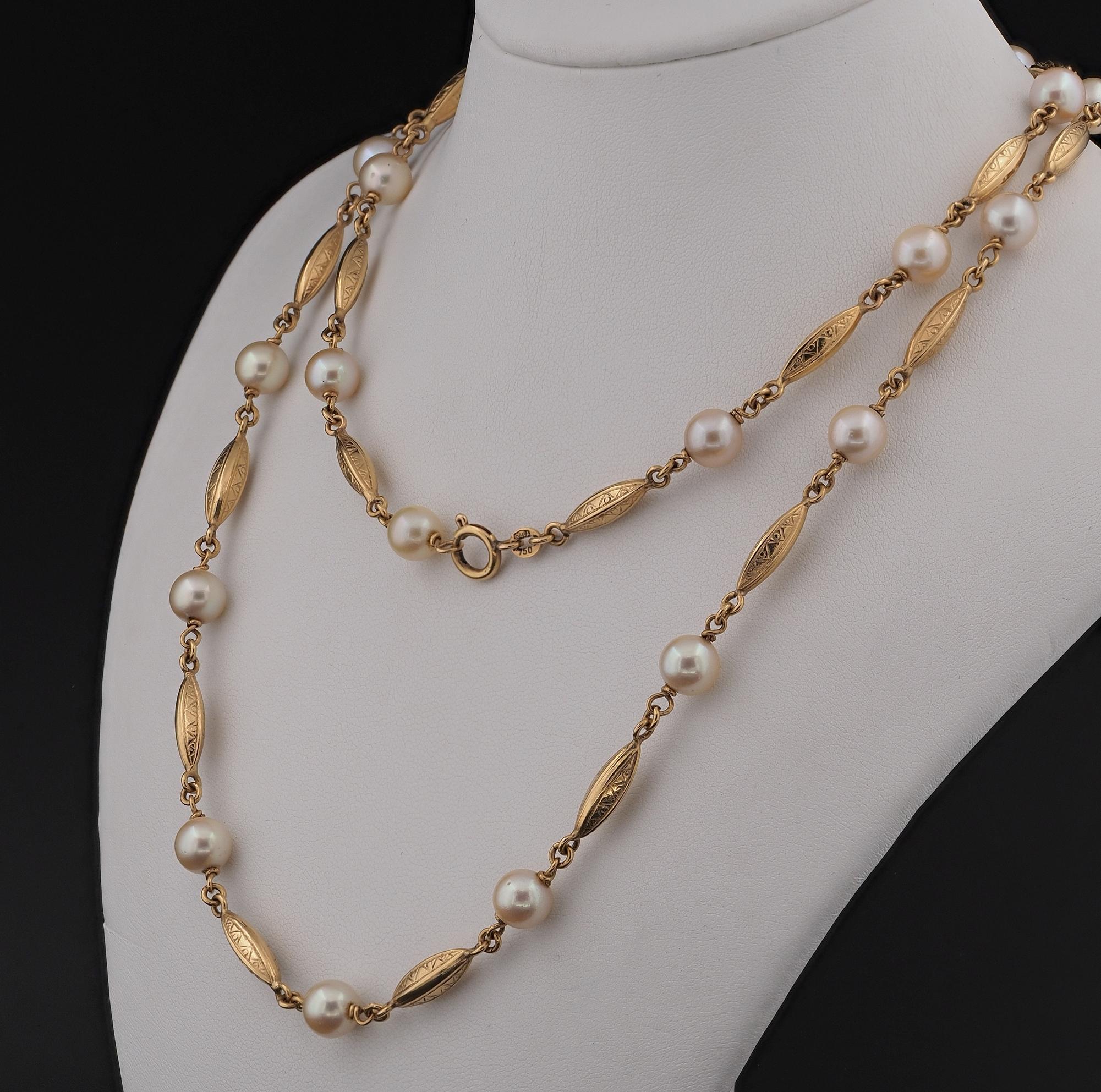 Bead Late Art Deco Pearl Soutoir Rare Necklace 18 KT gold For Sale