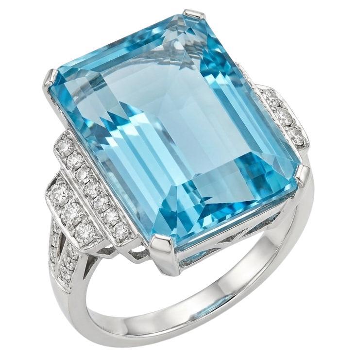 Bague Art déco tardif en platine 19 carats, aigue-marine et diamant Santa Maria