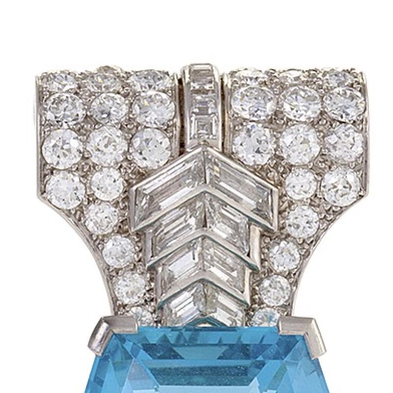Hexagon Cut Cartier Aquamarine and Diamond Brooch  For Sale
