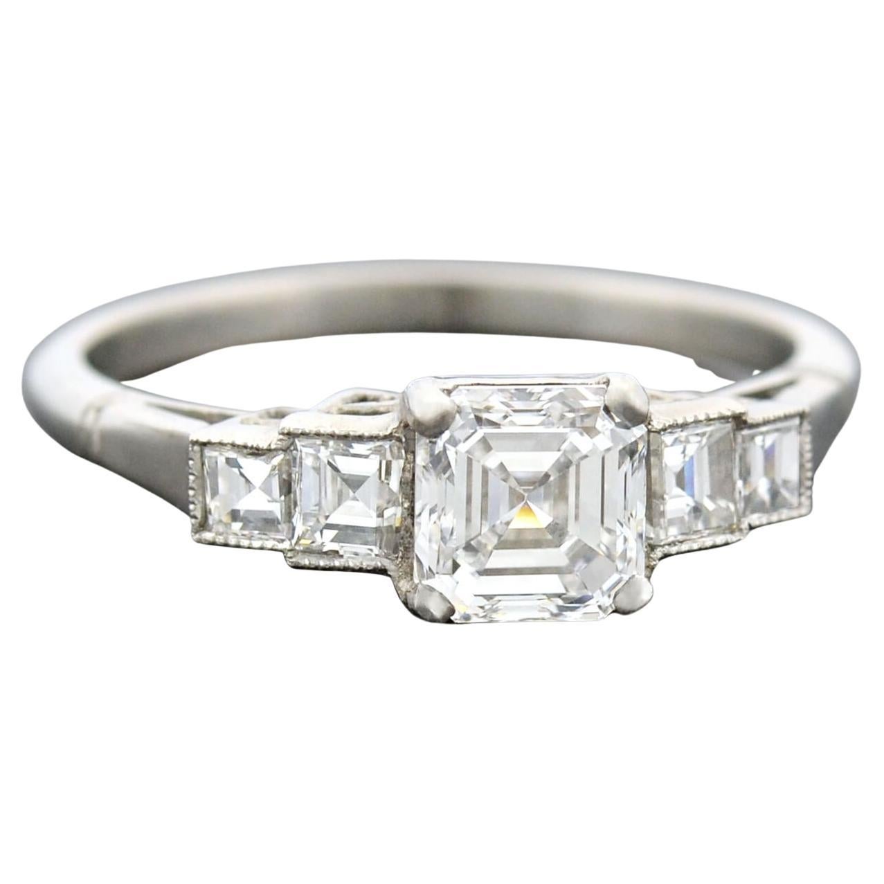 Late Art Deco Platinum Asscher Cut Diamond Engagement Ring 1.03ct