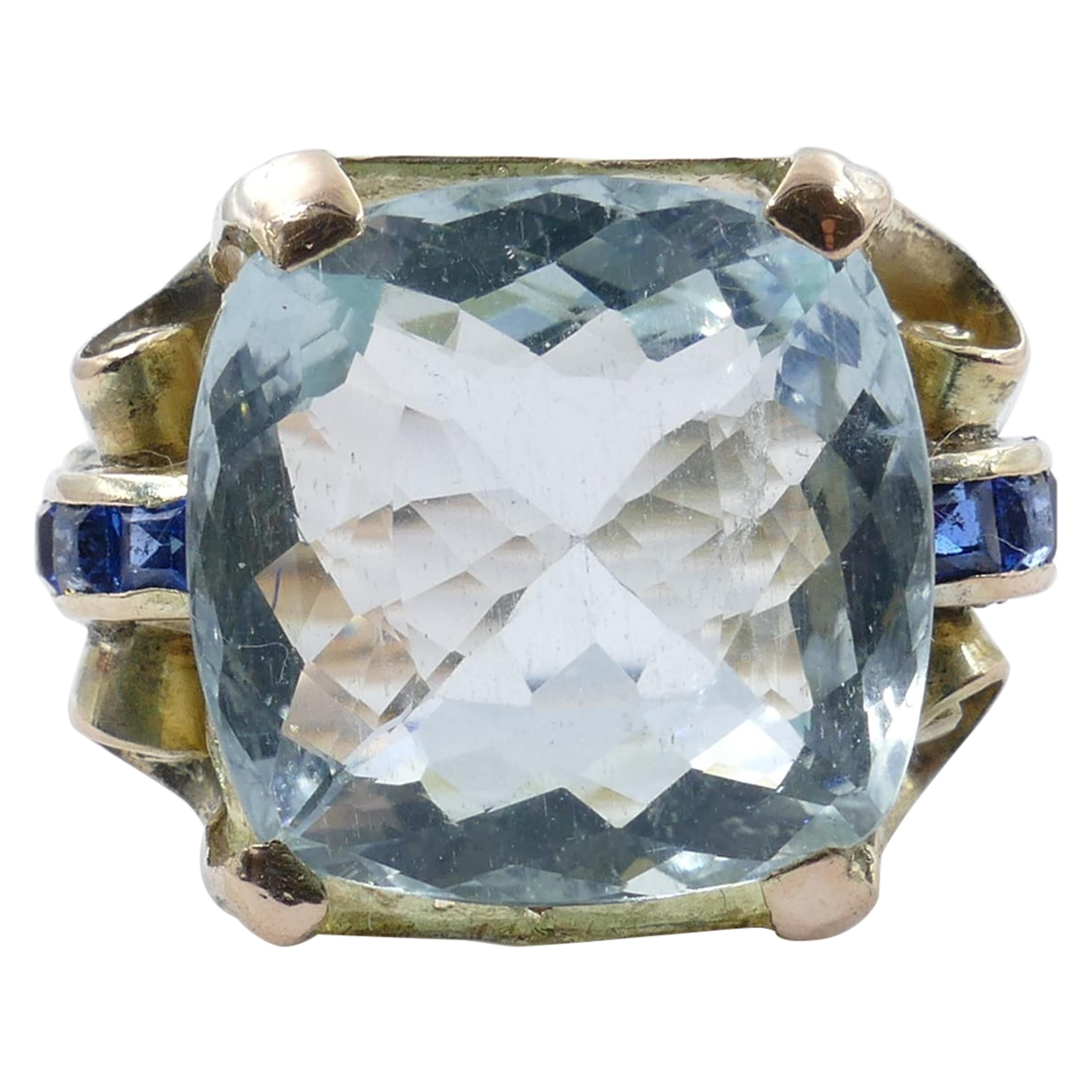 Late Art Deco Rose or Yellow Gold Large Aquamarine and Sapphire Cocktail Ring