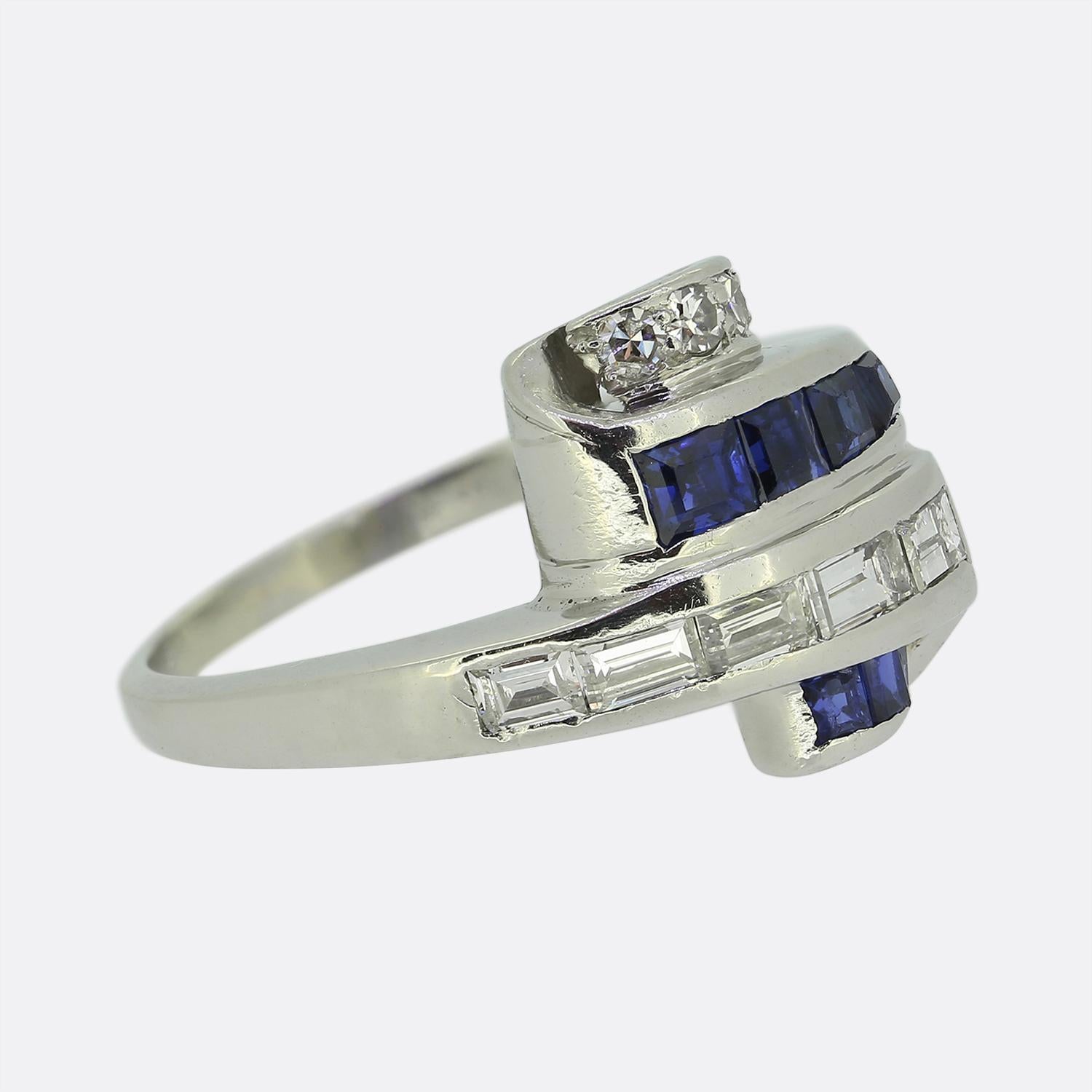 Square Cut Late Art Deco Sapphire and Diamond Cluster Ring For Sale