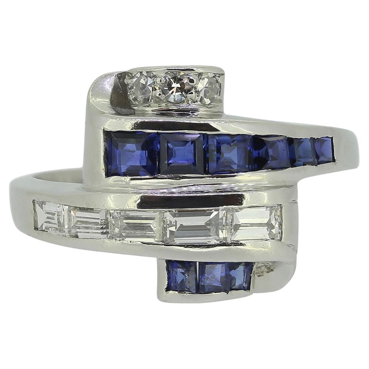 Late Art Deco Sapphire and Diamond Cluster Ring For Sale