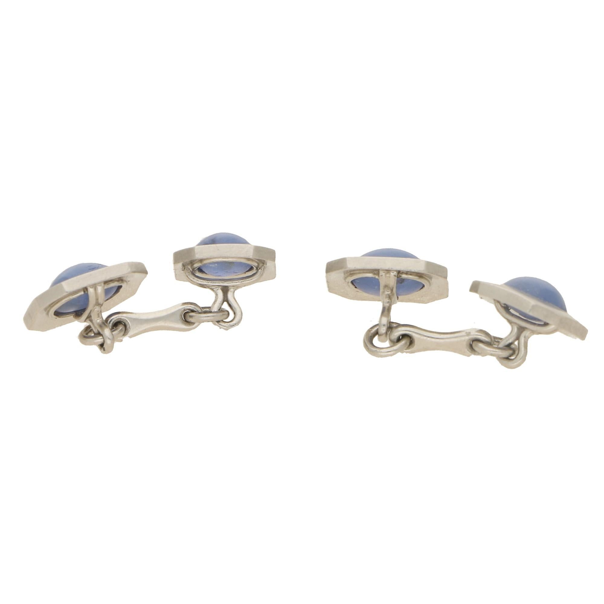 Cabochon Late Art Deco Star Sapphire Cufflink and Shirt Stud Dress Set in Platinum