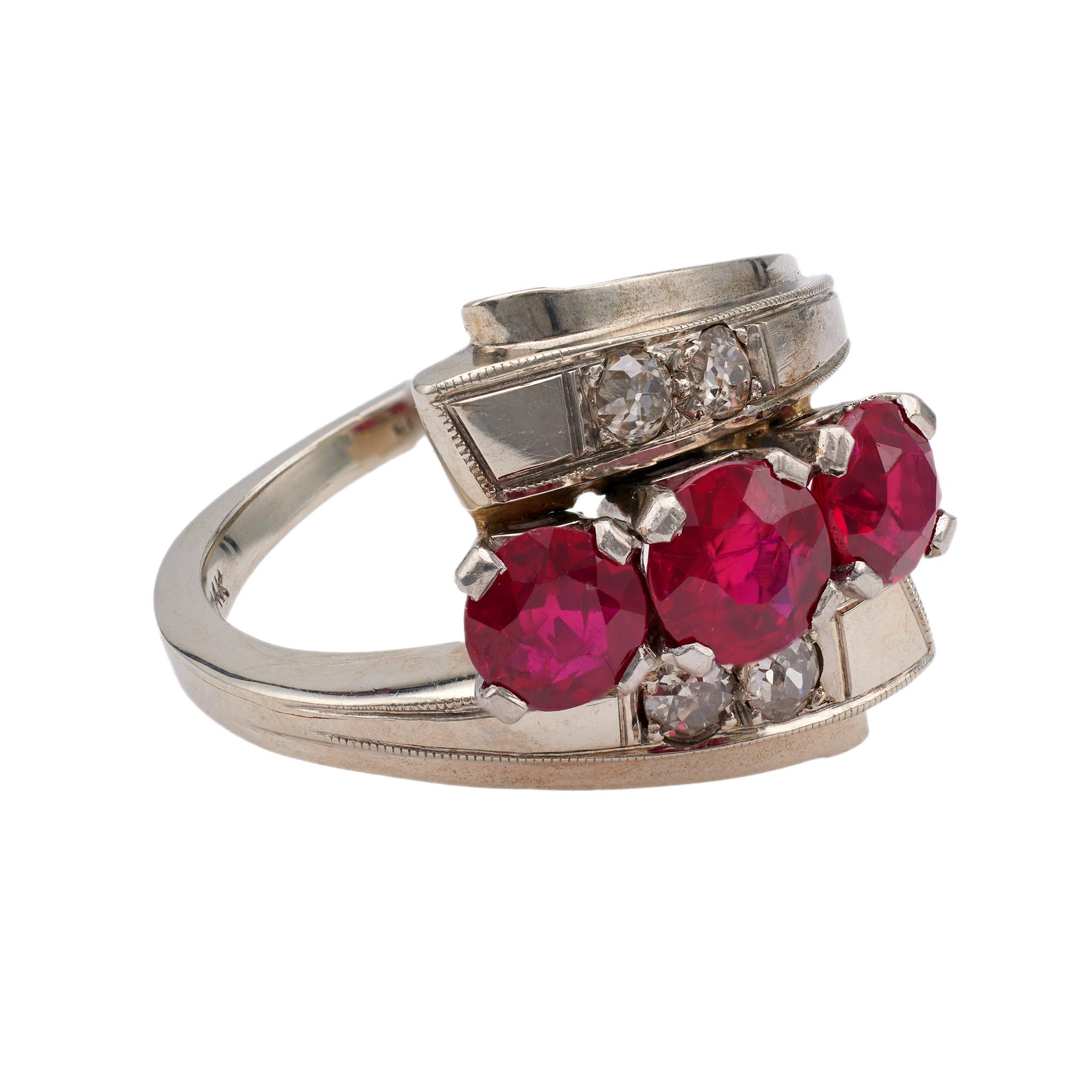 Late Art Deco Synthetic Ruby and Diamond 14 Karat White Gold Bypass Ring In Good Condition For Sale In Beverly Hills, CA