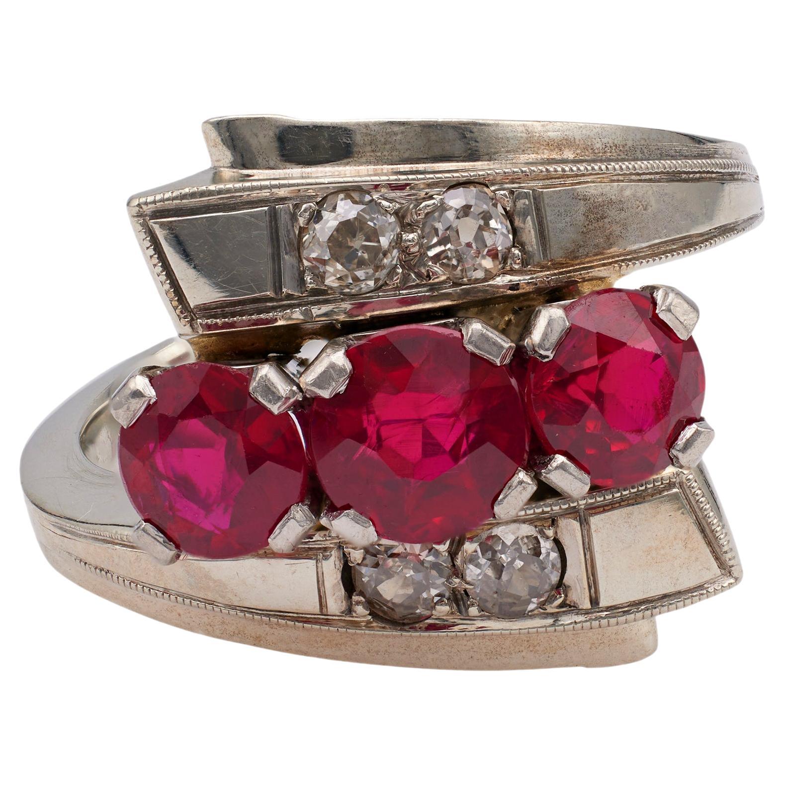 Late Art Deco Synthetic Ruby and Diamond 14 Karat White Gold Bypass Ring For Sale