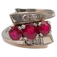 Late Art Deco Synthetic Ruby and Diamond 14 Karat White Gold Bypass Ring