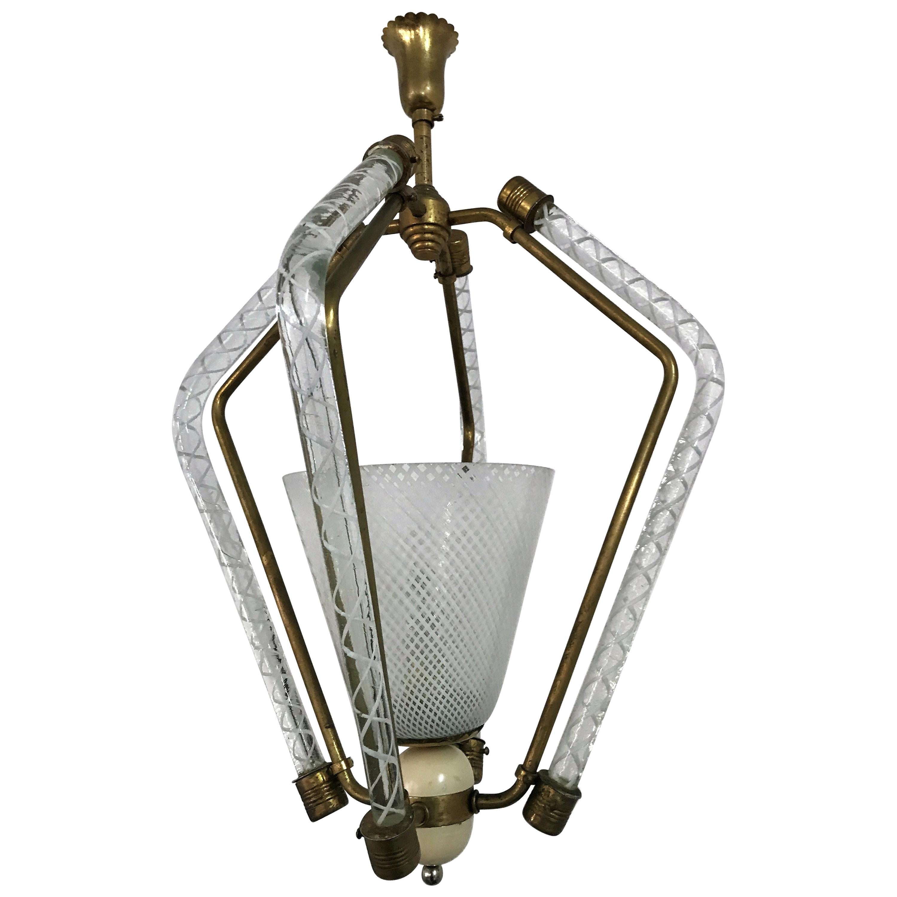 Late Art Deco Venini Lantern in "Filigrana" Murano Glass Carlo Scarpa Attributed