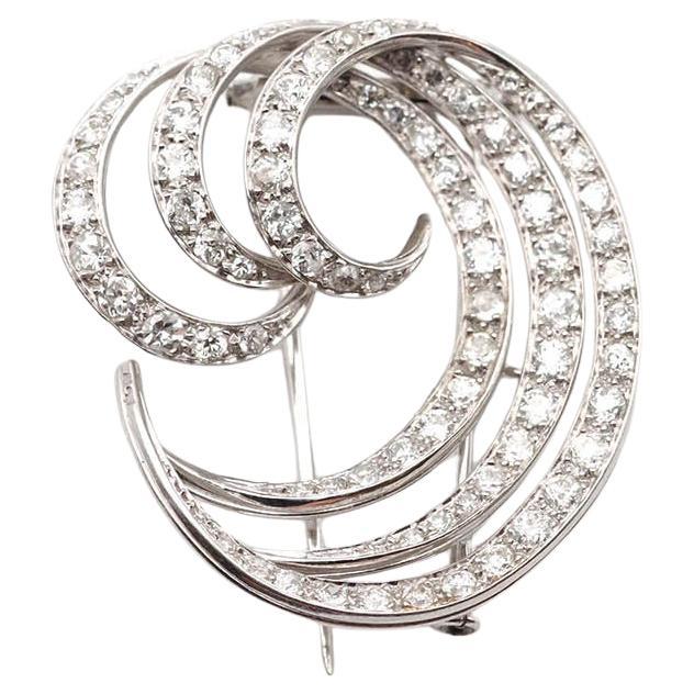 Late Art Deco wave 4 ct diamond brooch, platinum gold Modernist Retro feather