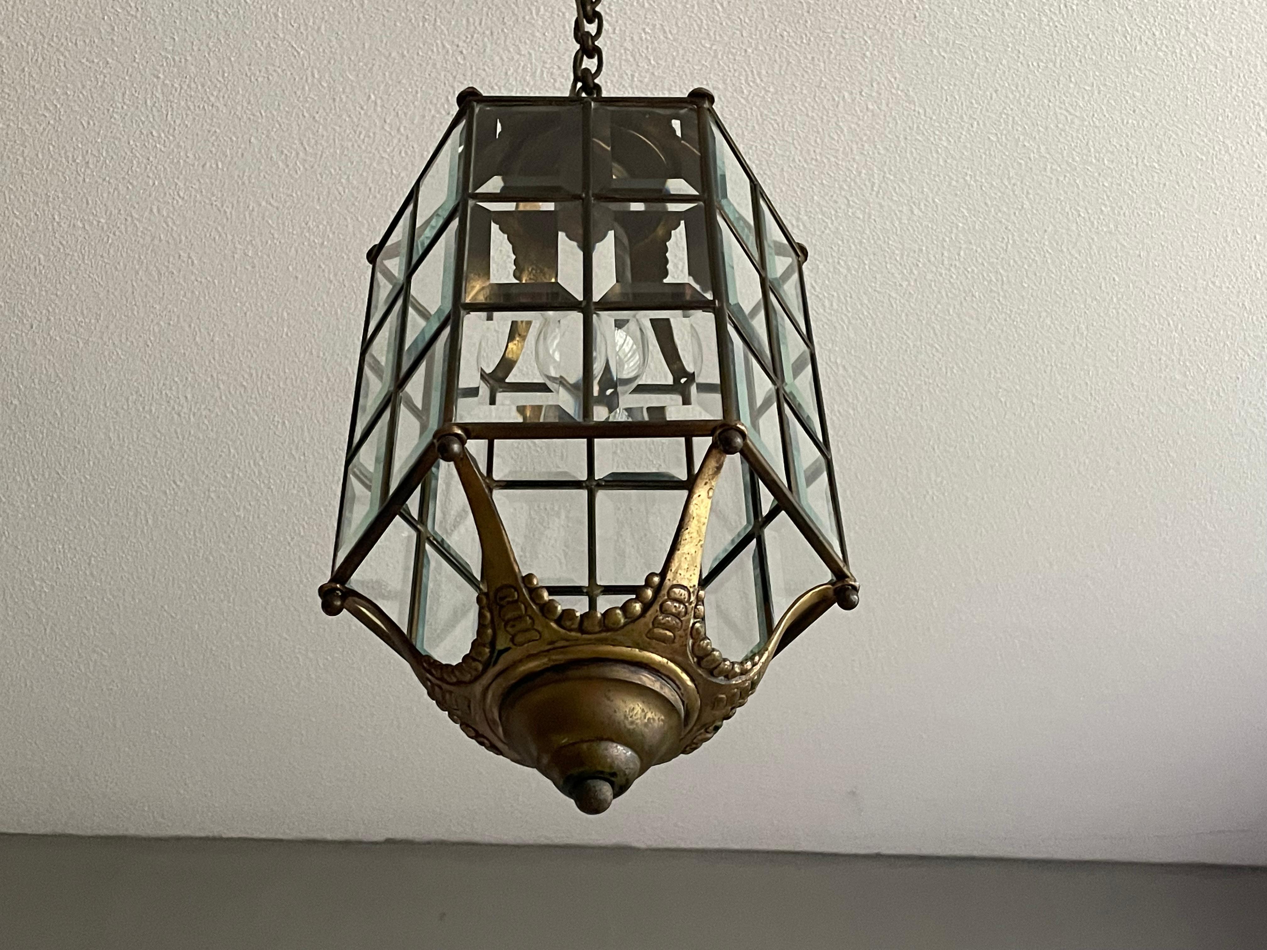 Late Arts and Crafts, Early Art Deco Bronze, Brass & Beveled Glass Pendant Light For Sale 4