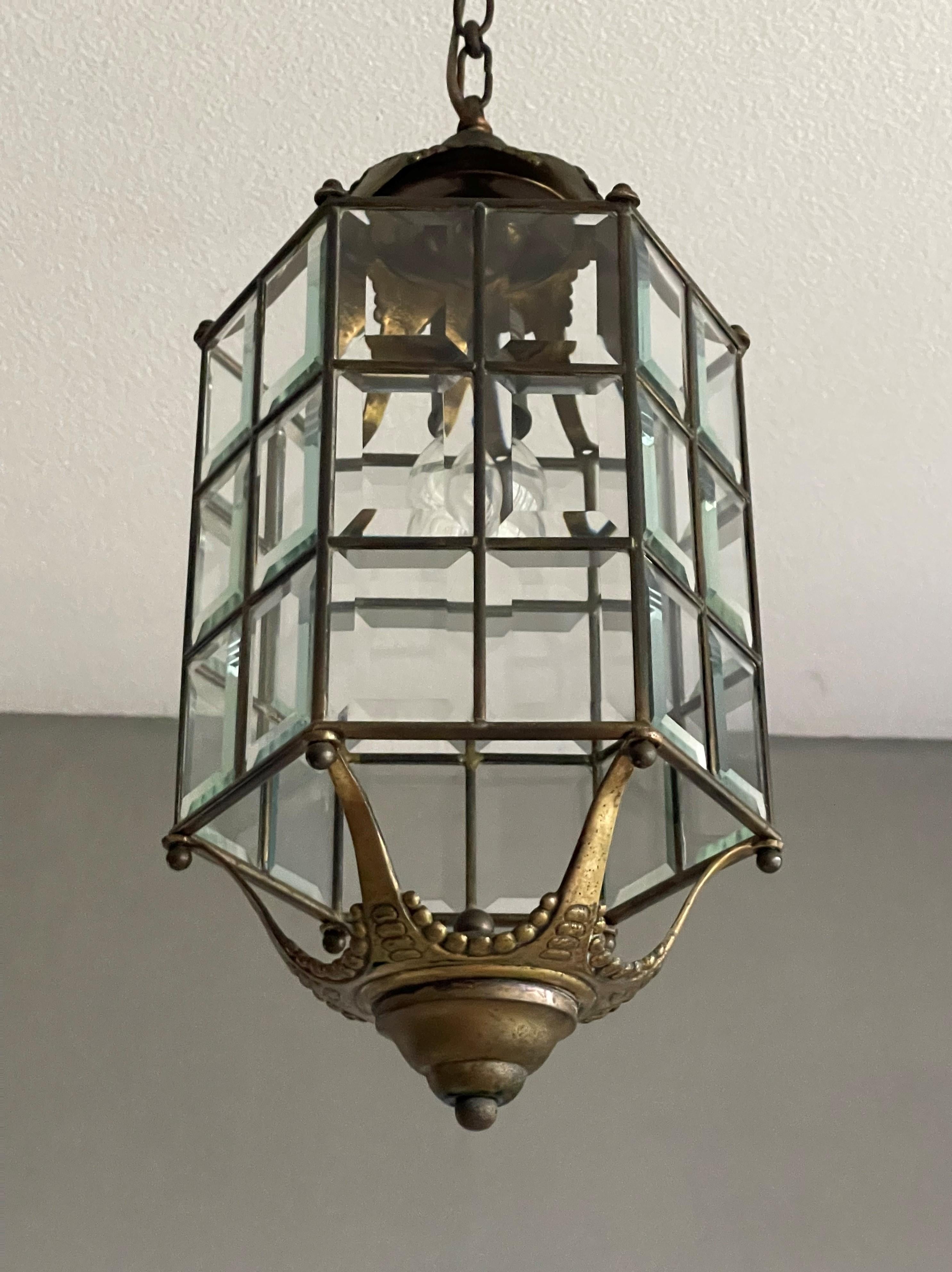 Late Arts and Crafts, Early Art Deco Bronze, Brass & Beveled Glass Pendant Light For Sale 7